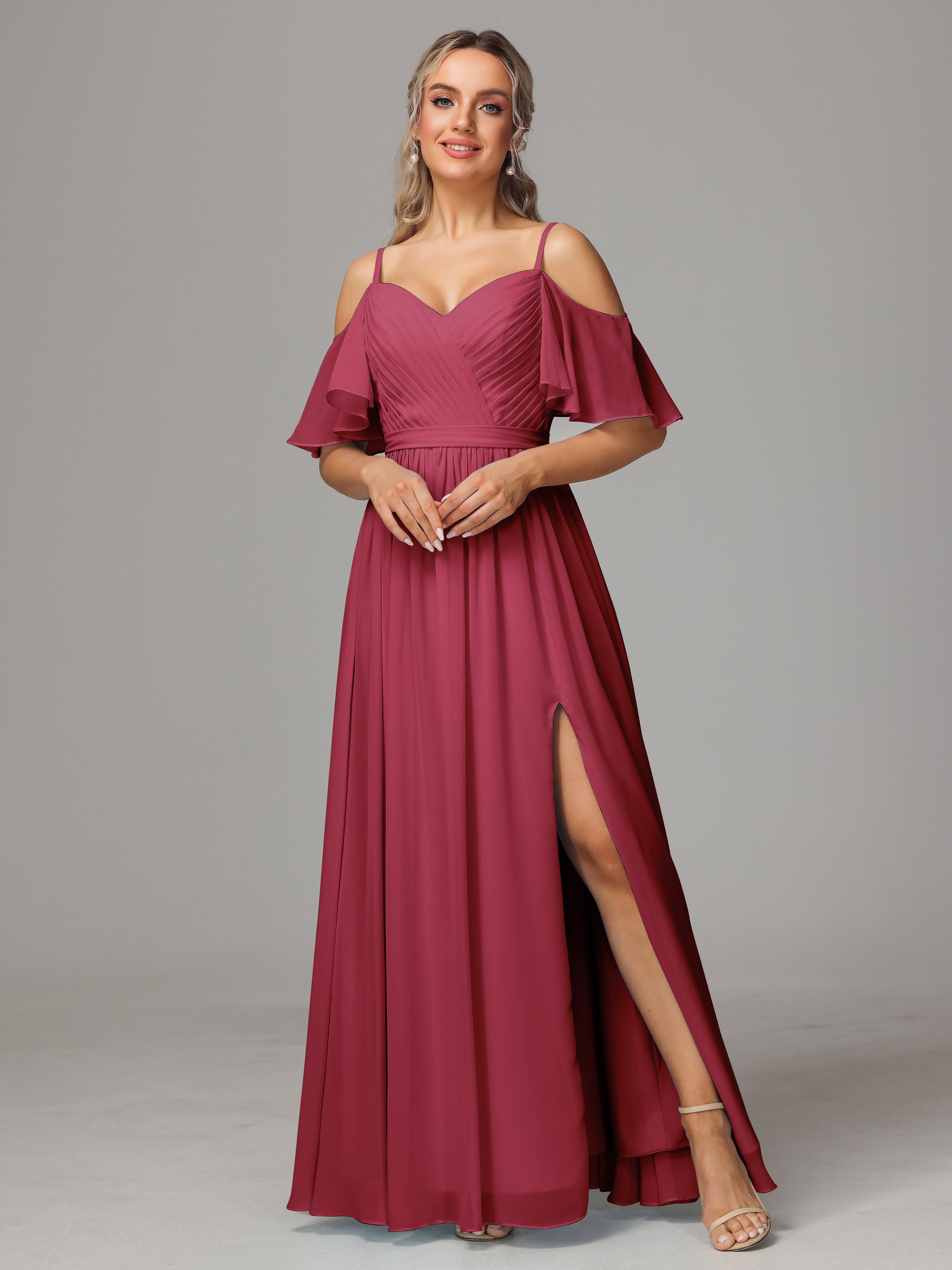 Robes De Demoiselle D'Honneur Rose Cannelle Accueil Froid Fendue Trapèze Mousseline Longue Robes Demoiselle D'Honneur Avec Plissé