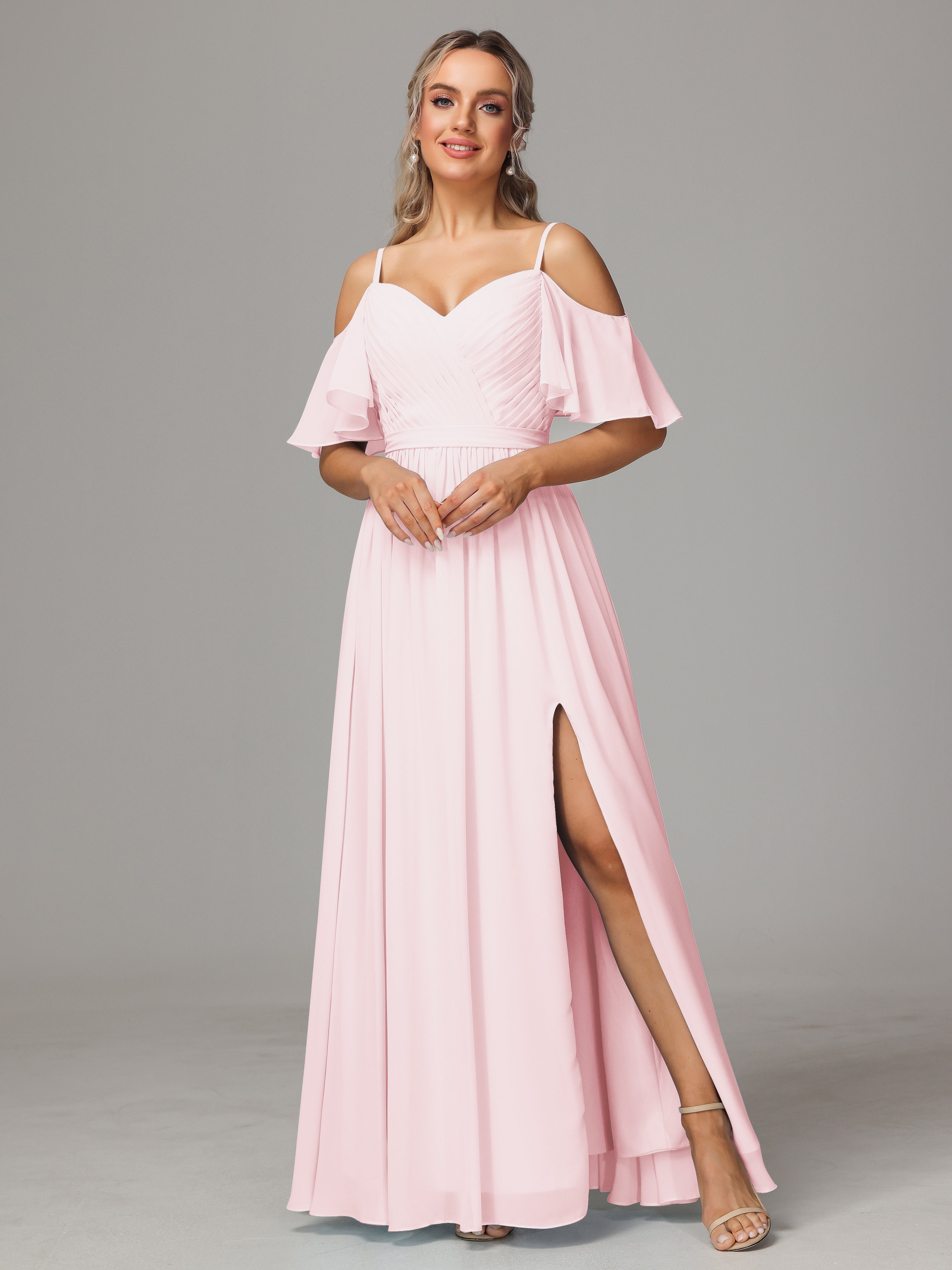 Robe Rose Pale Demoiselle D Honneur Avec Plissé Fendue Trapèze Mousseline Longue