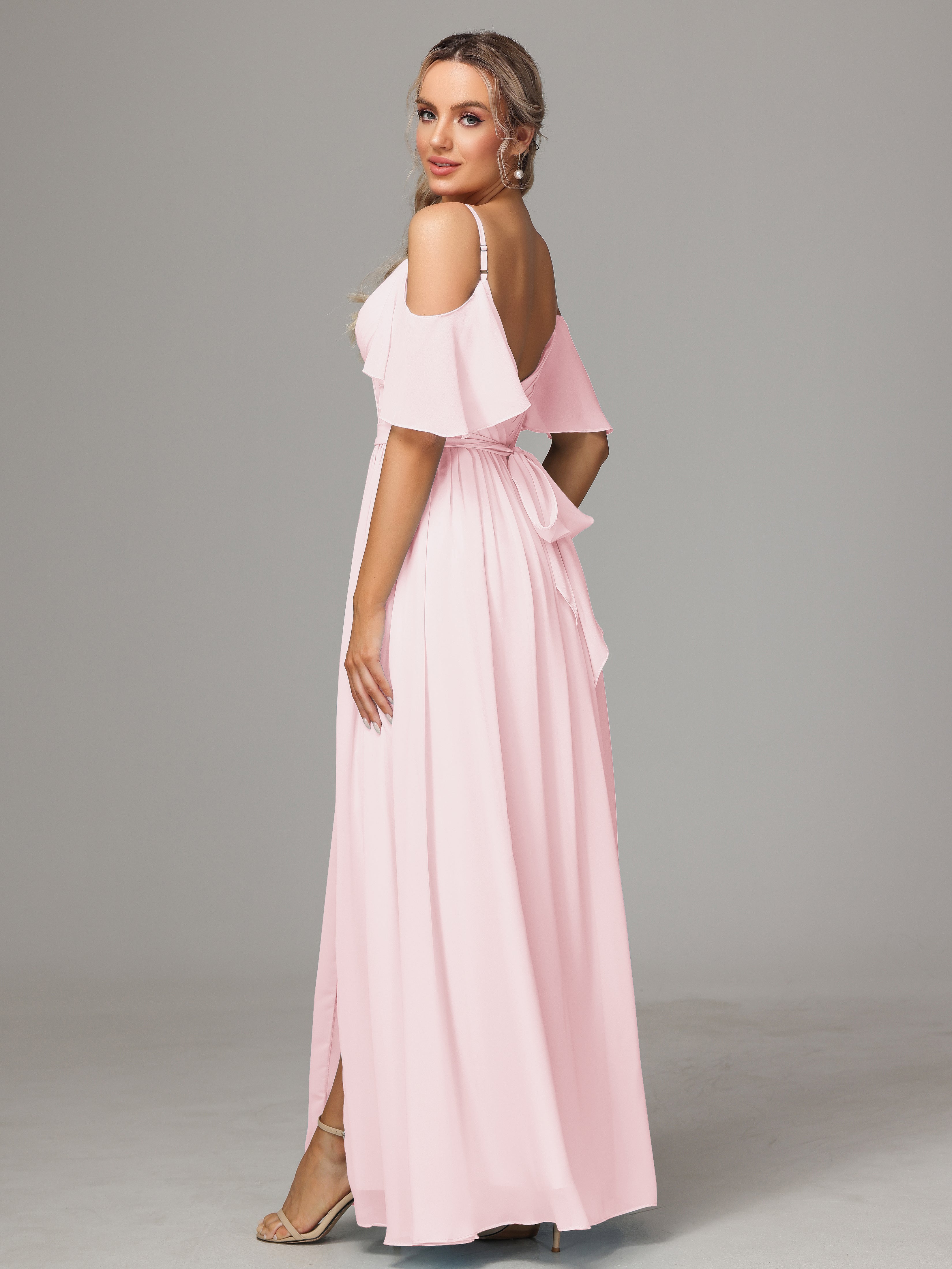 Robe Rose Pale Demoiselle D Honneur Avec Plissé Fendue Trapèze Mousseline Longue
