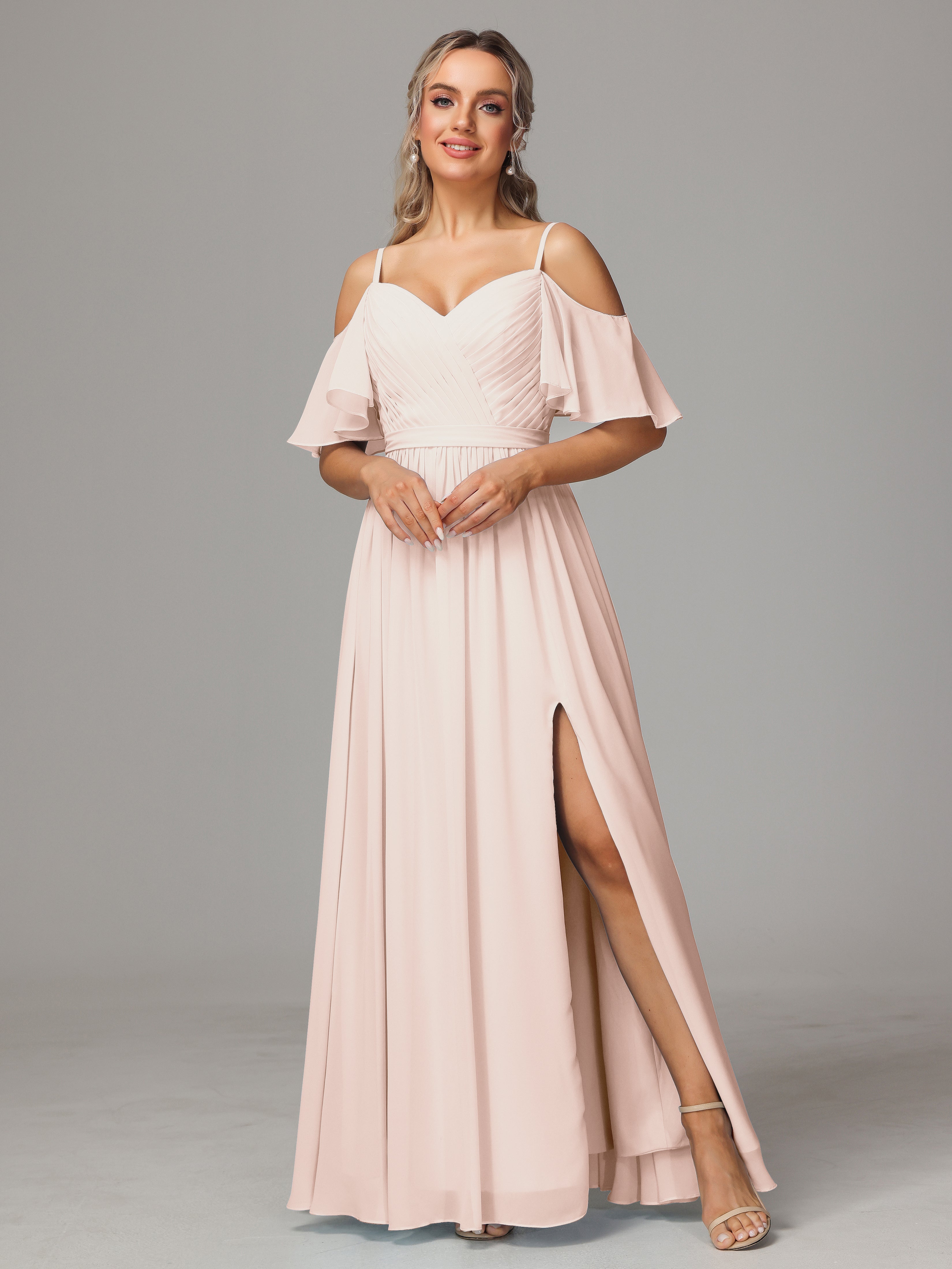 Robe De Demoiselle D'Honneur En Perles Avec Plissé Fendue Trapèze Mousseline Longue