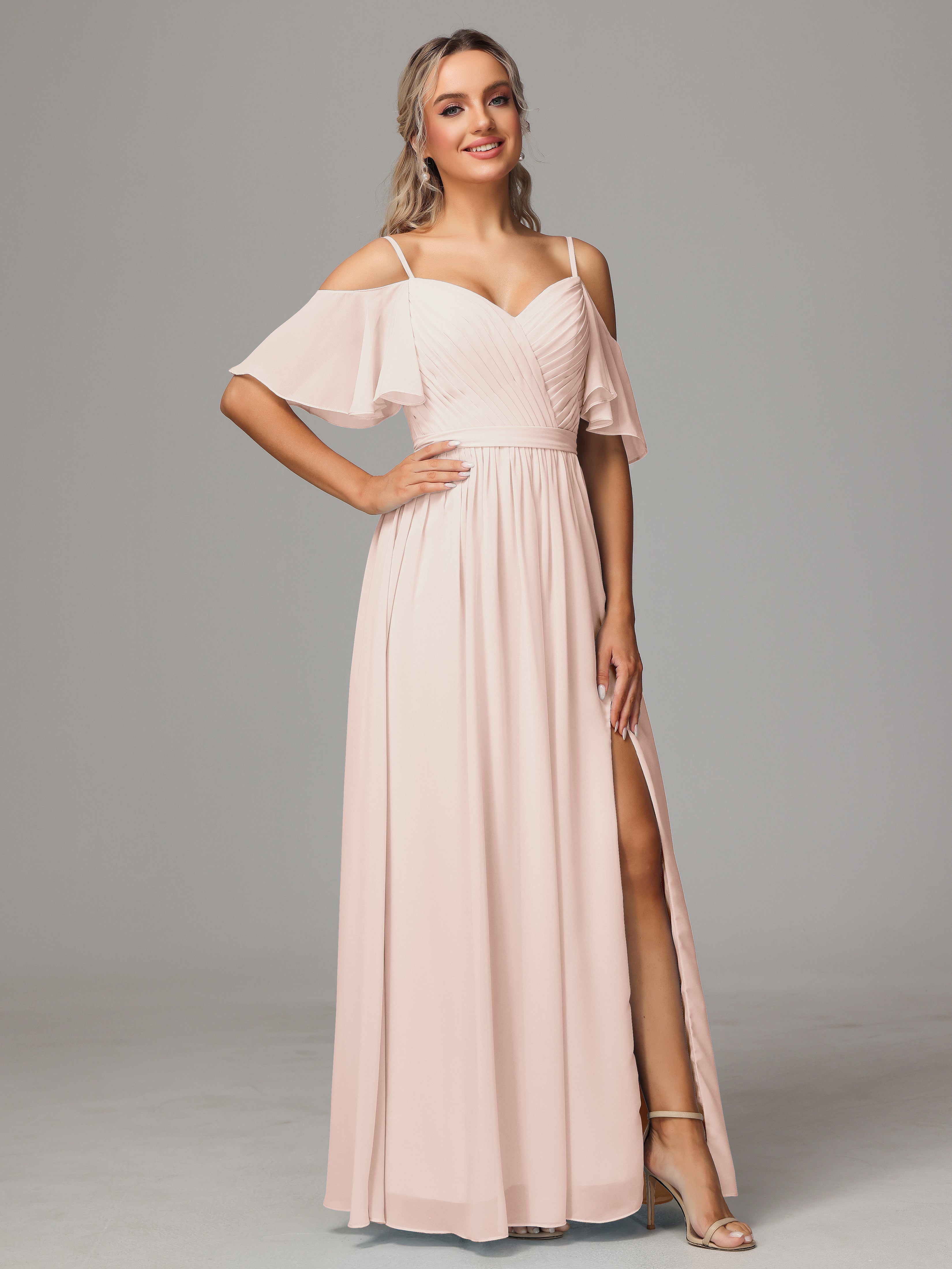 Robe De Demoiselle D'Honneur En Perles Avec Plissé Fendue Trapèze Mousseline Longue