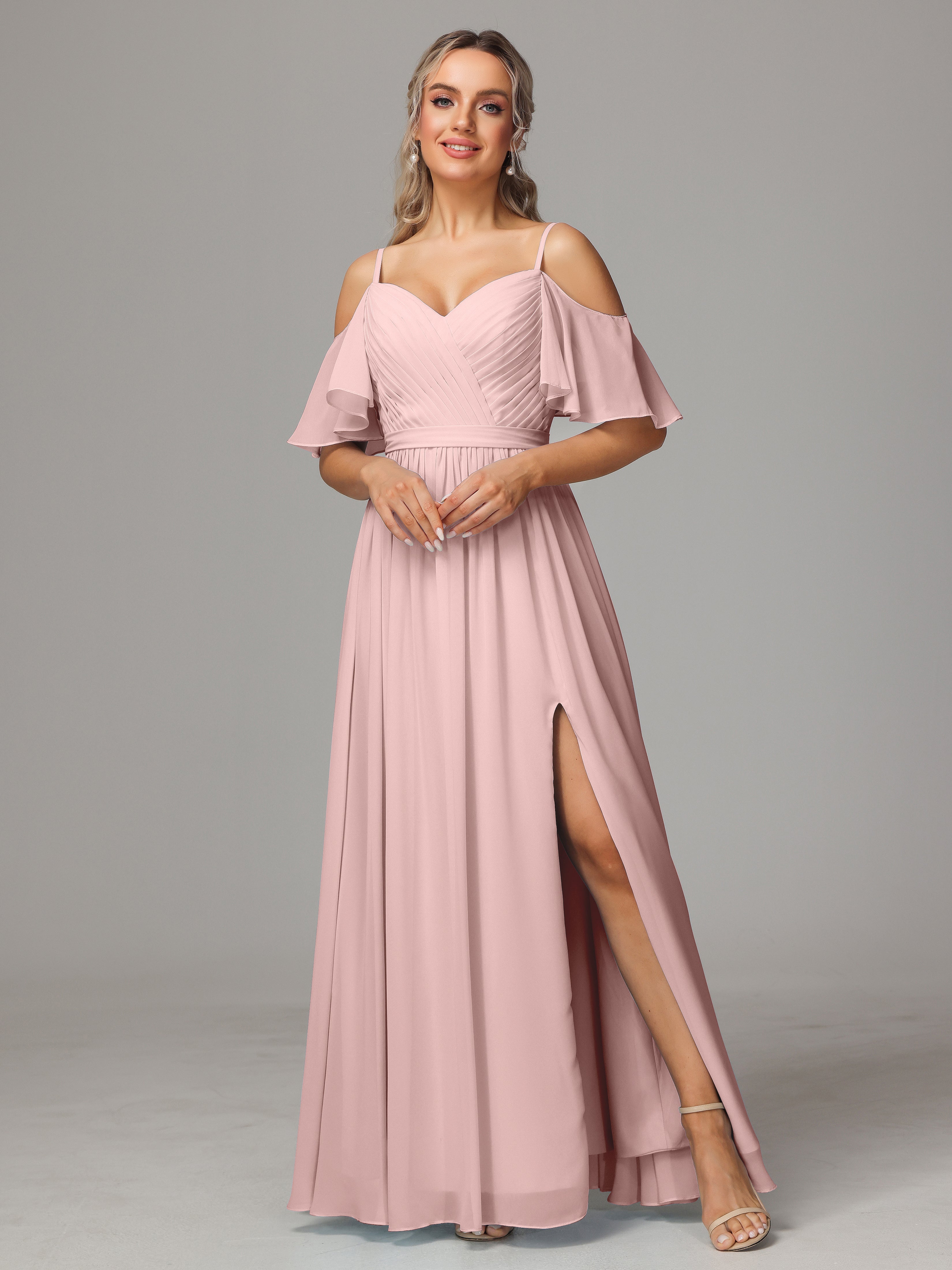 Longues Robes De Demoiselle D'Honneur De Rose Poudrée Avec Plissé Fendue Trapèze Mousseline Longue