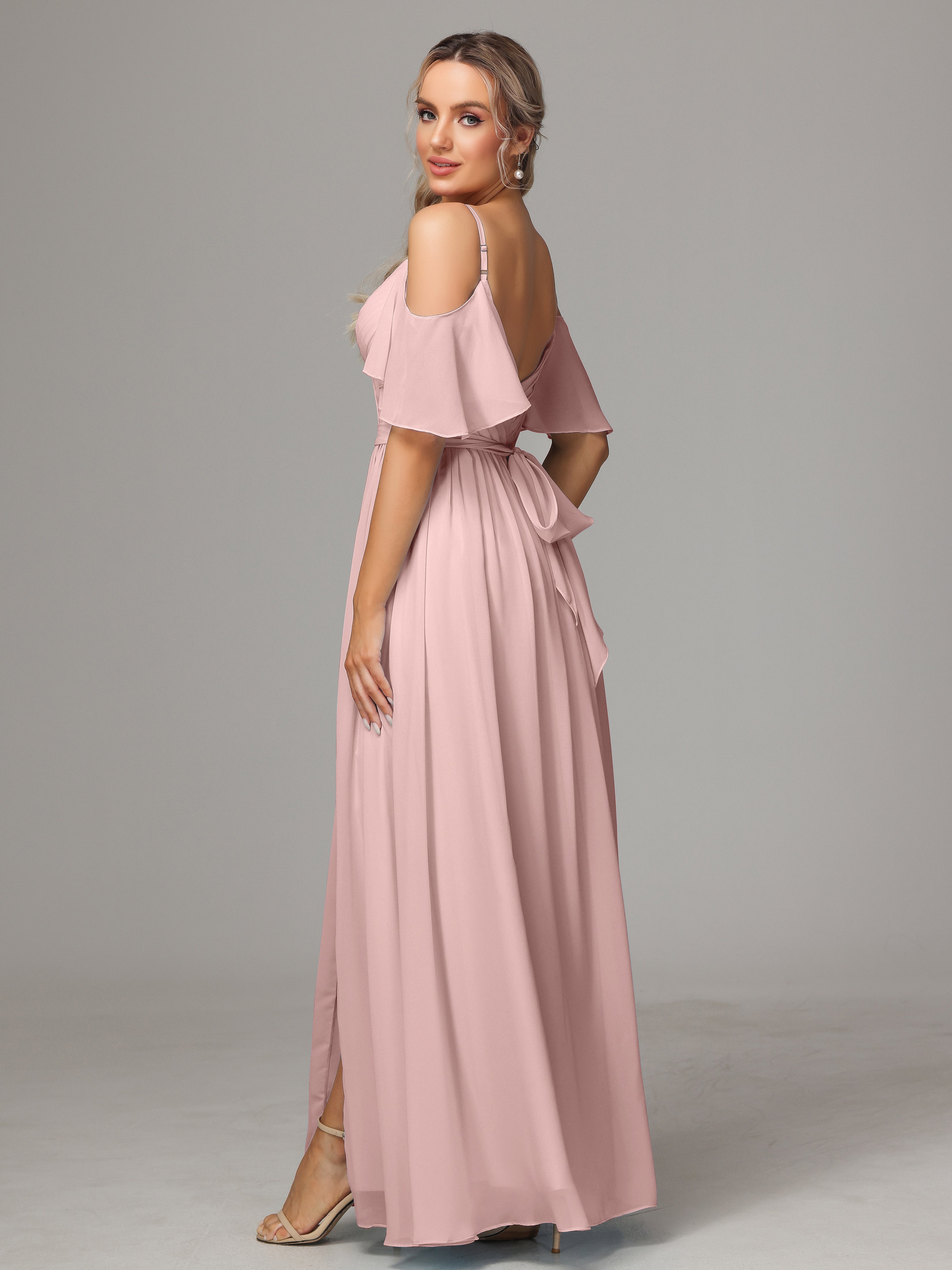 Longues Robes De Demoiselle D'Honneur De Rose Poudrée Avec Plissé Fendue Trapèze Mousseline Longue