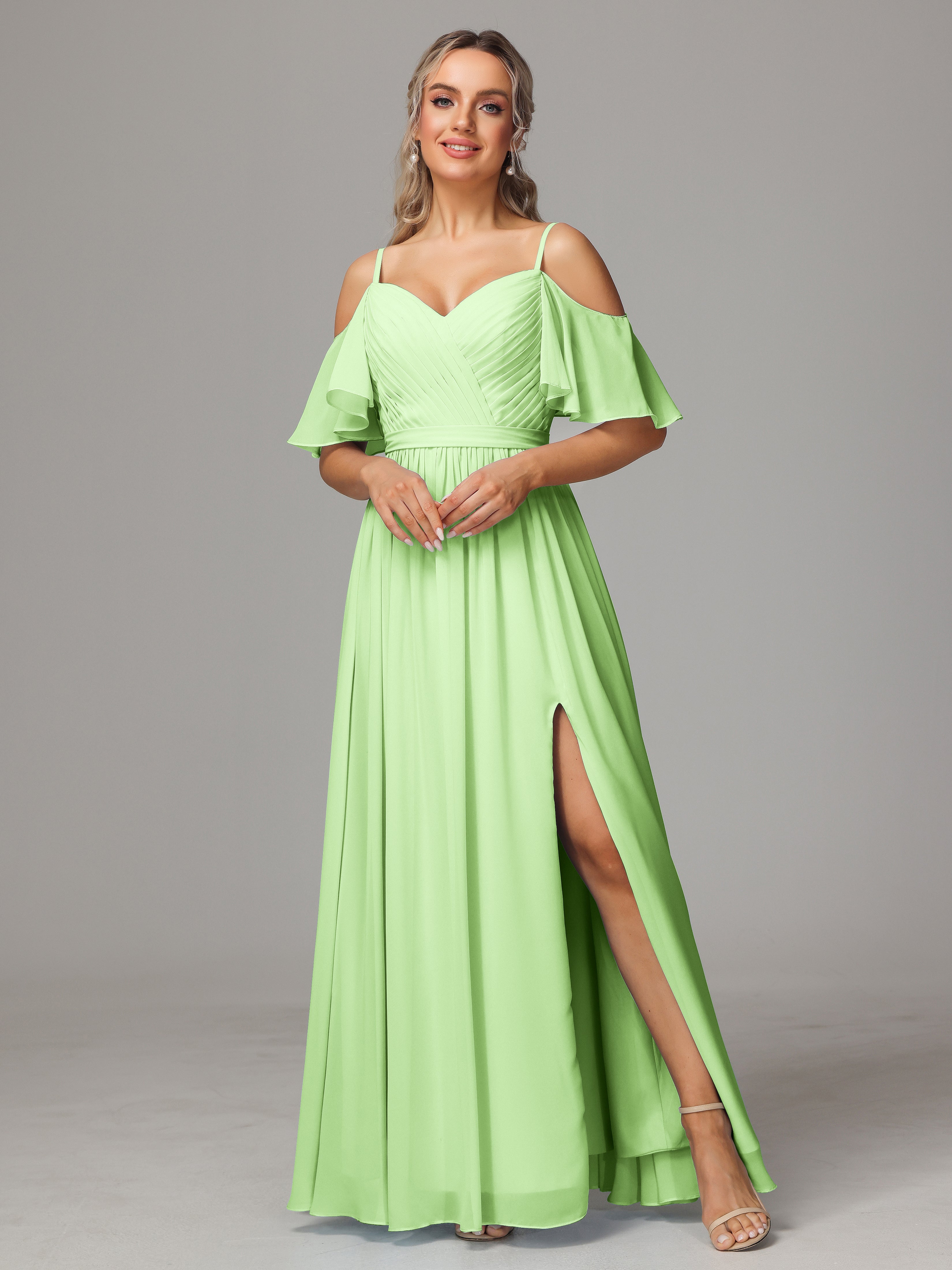 Robe Demoiselle D Honneur Vert Sauge Avec Plissé Fendue Trapèze Mousseline Longue