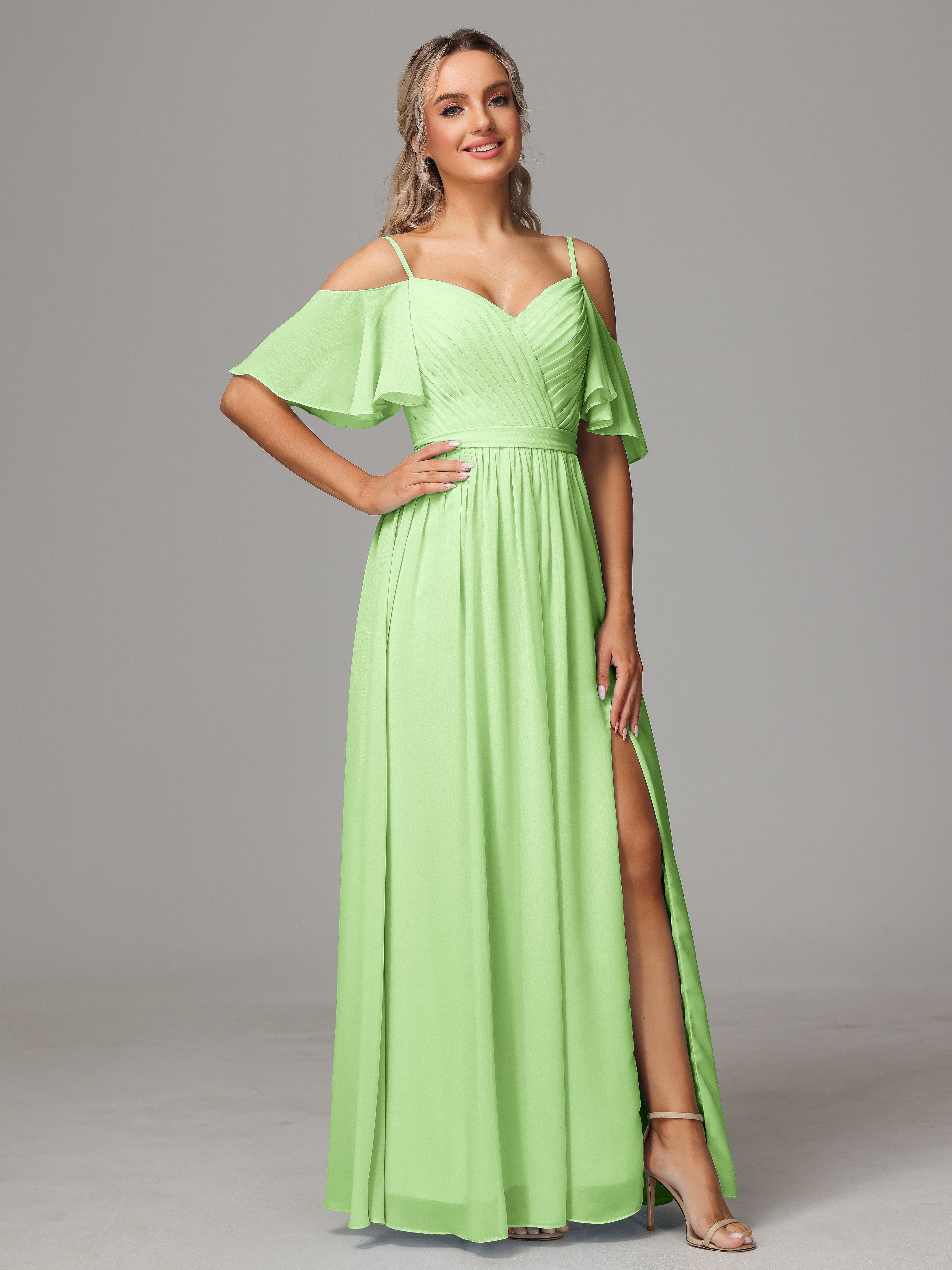 Robe Demoiselle D Honneur Vert Sauge Avec Plissé Fendue Trapèze Mousseline Longue