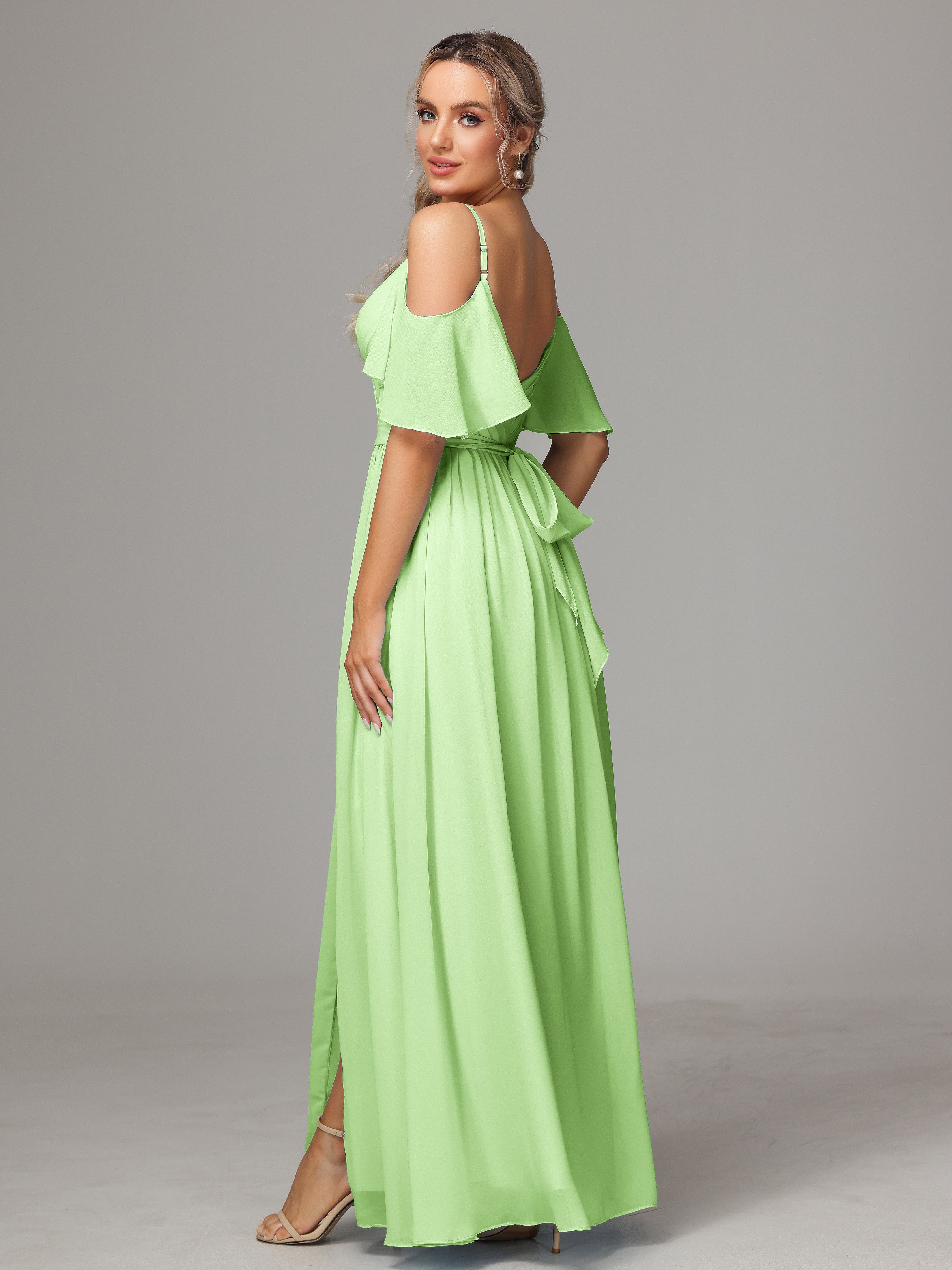 Robe Demoiselle D Honneur Vert Sauge Avec Plissé Fendue Trapèze Mousseline Longue