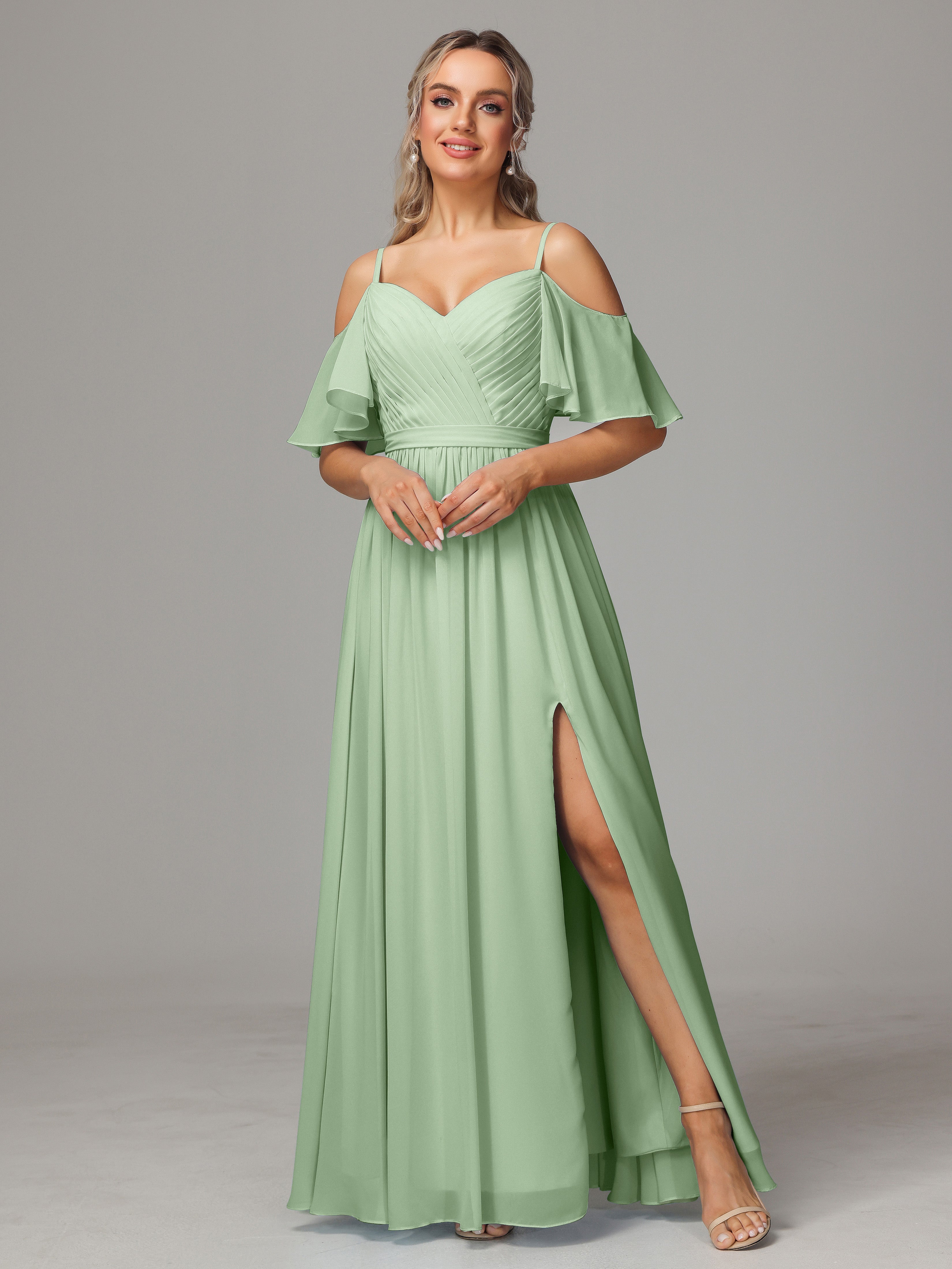Robes De Demoiselle D'Honneur Couleur Sauge Poussiéreuse Avec Plissé Fendue Trapèze Mousseline Longue