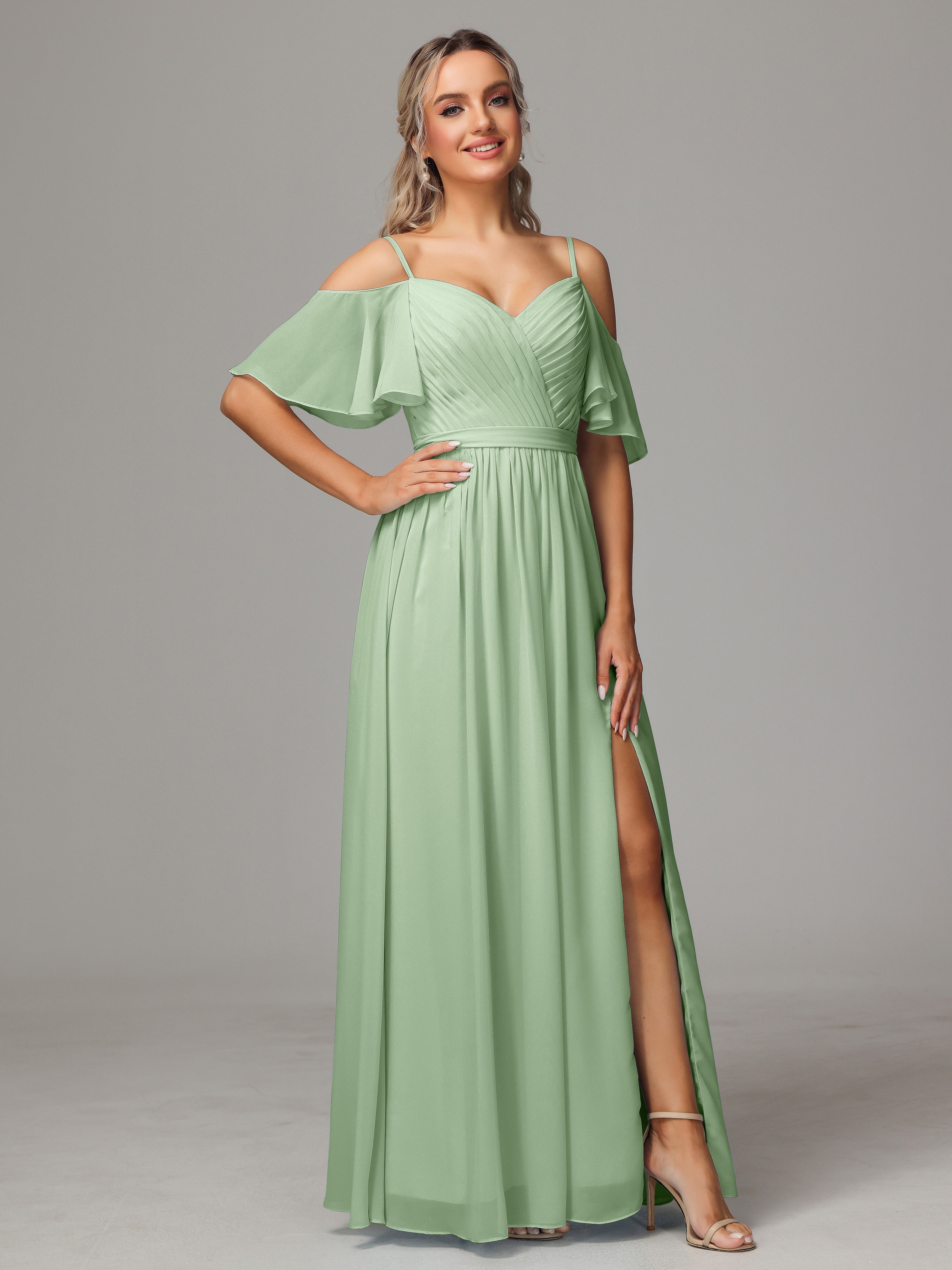 Robes De Demoiselle D'Honneur Couleur Sauge Poussiéreuse Avec Plissé Fendue Trapèze Mousseline Longue