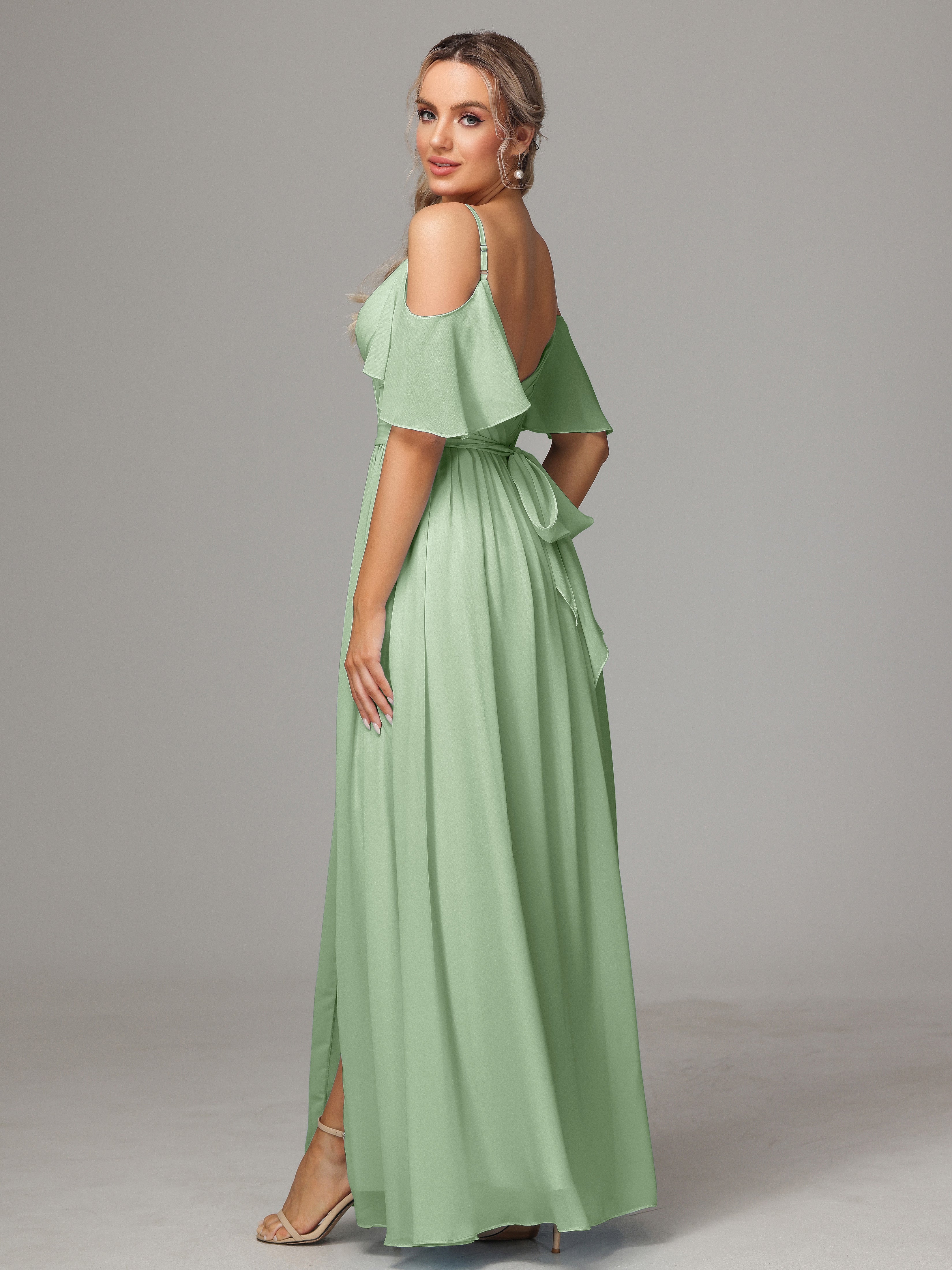 Robes De Demoiselle D'Honneur Couleur Sauge Poussiéreuse Avec Plissé Fendue Trapèze Mousseline Longue