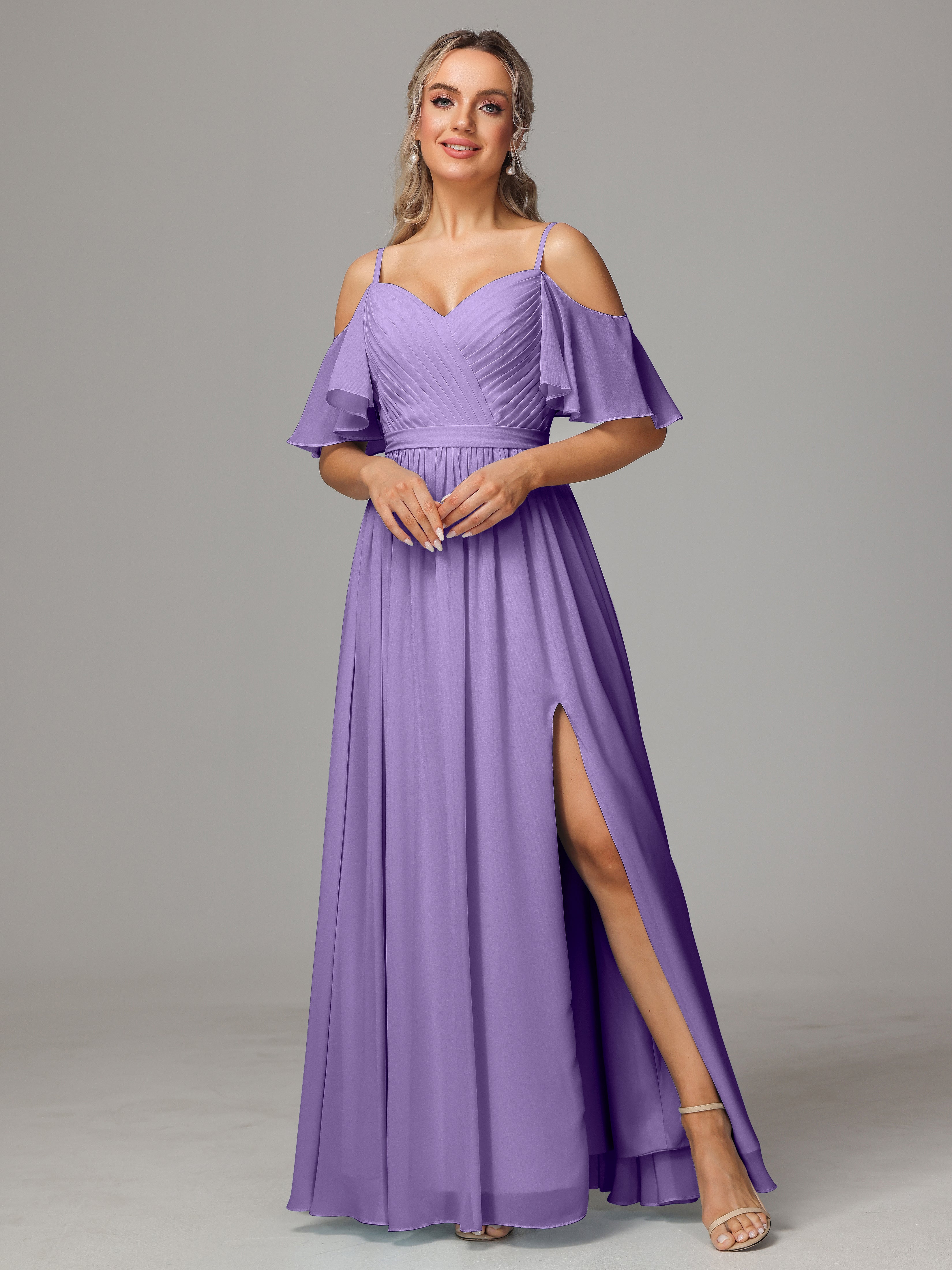 Robes De Demoiselle D'Honneur Tahiti Avec Plissé Fendue Trapèze Mousseline Longue