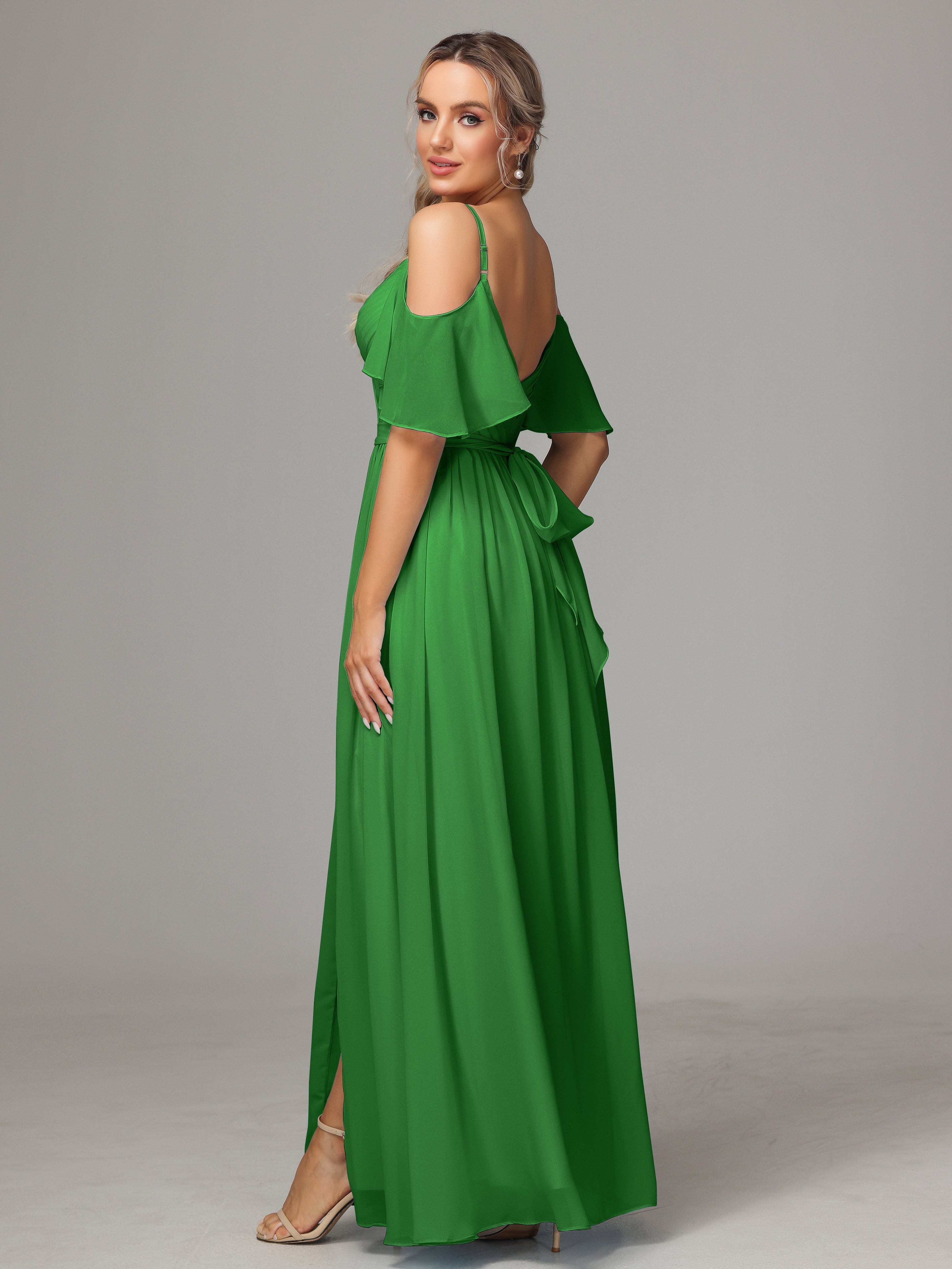 Robe Demoiselle D Honneur Vert Avec Plissé Fendue Trapèze Mousseline Longue