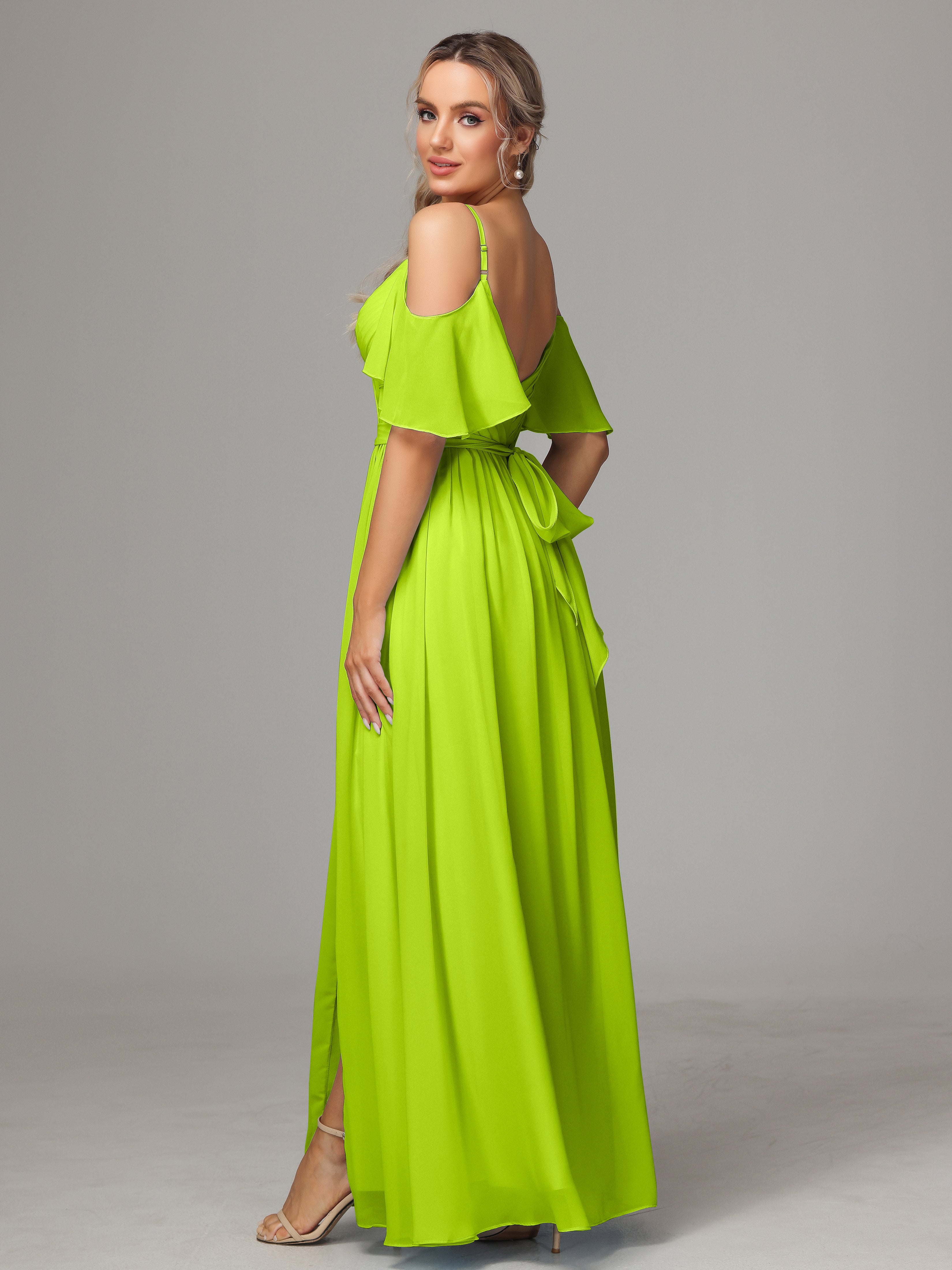 Robes De Demoiselle D'Honneur Vert Citron Avec Plissé Fendue Trapèze Mousseline Longue