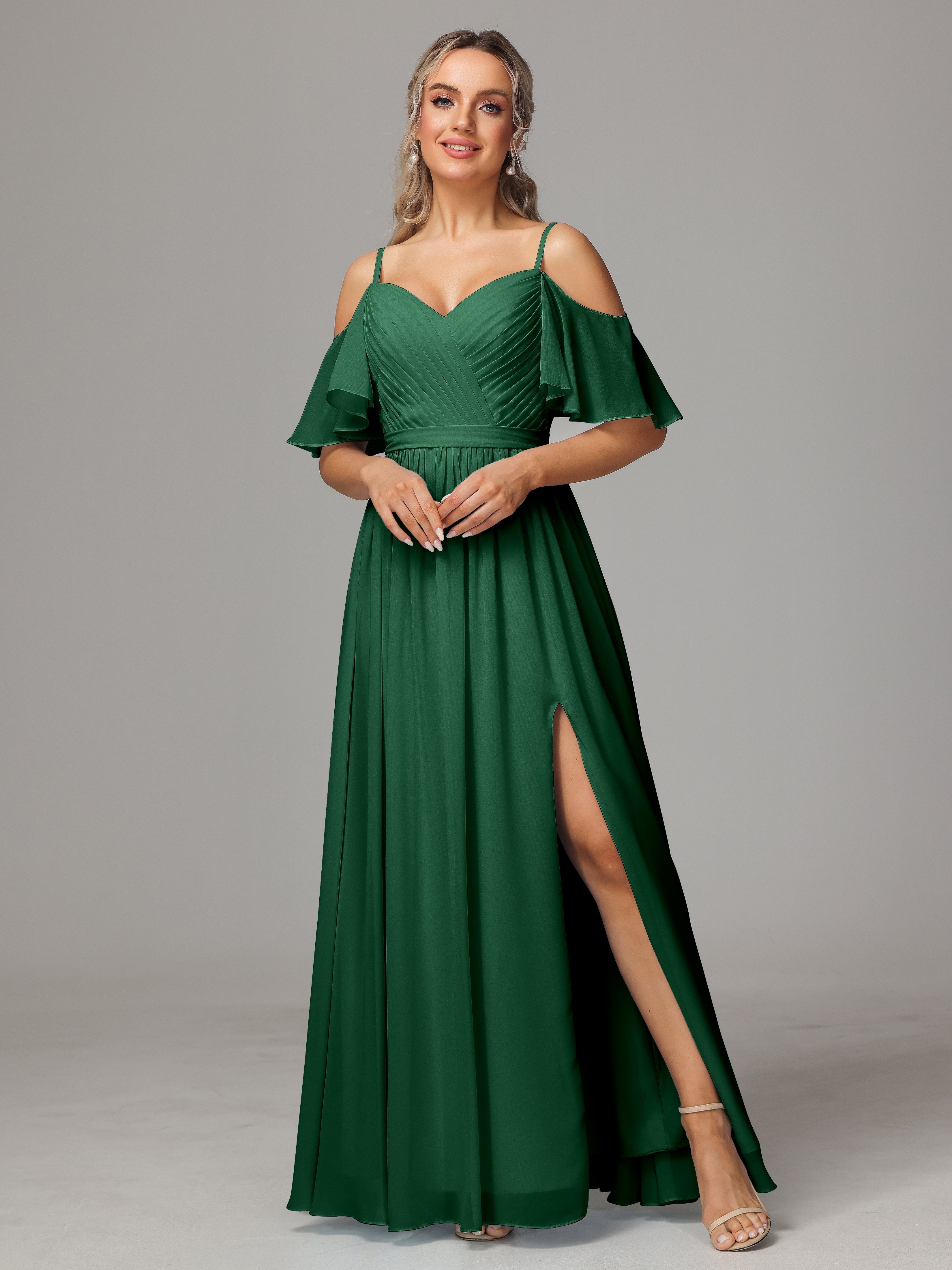Demoiselle D'Honneur Vert Foncé Avec Plissé Fendue Trapèze Mousseline Longue