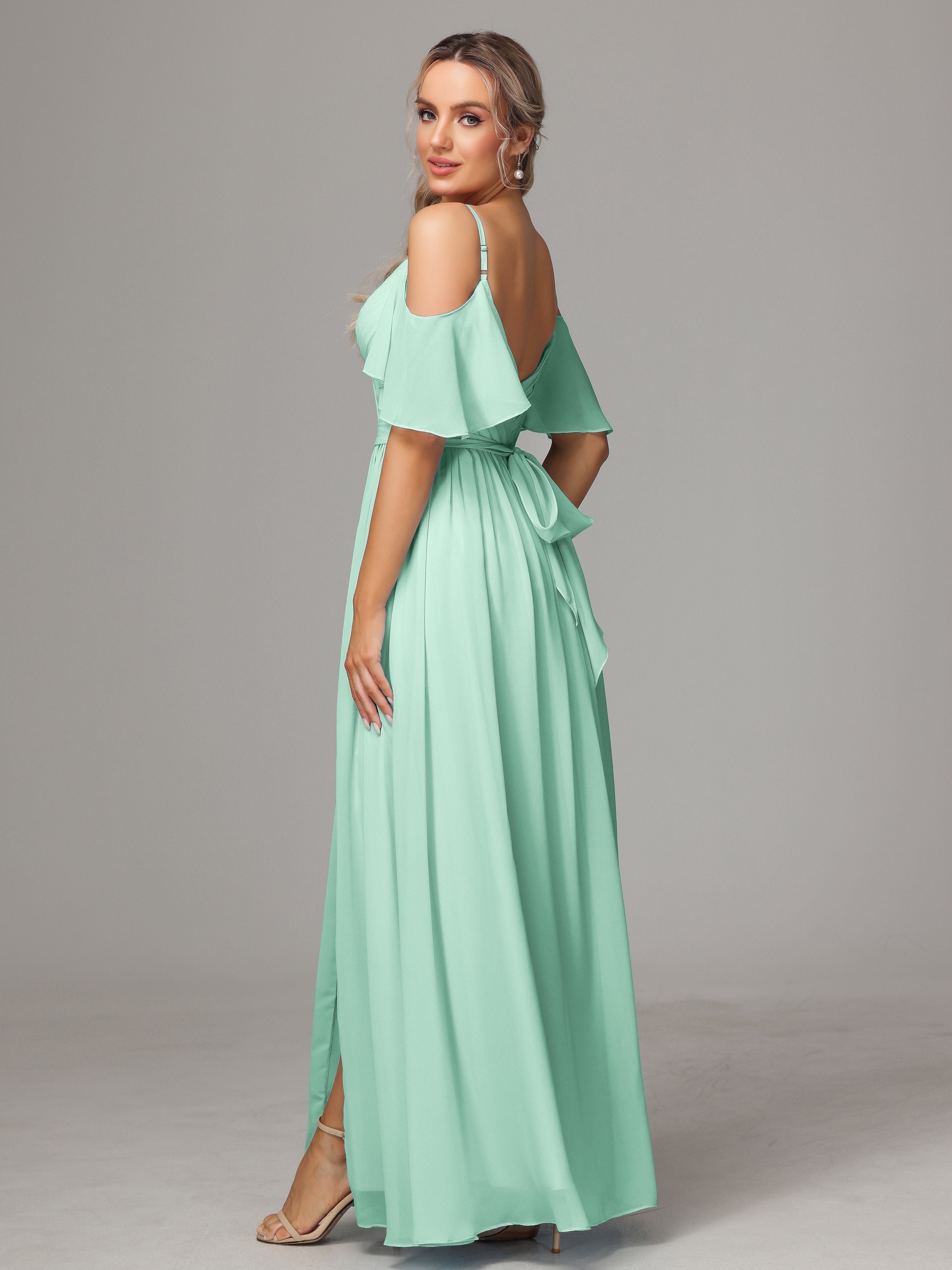 Robe Vert Menthe Demoiselle D Honneur Avec Plissé Fendue Trapèze Mousseline Longue