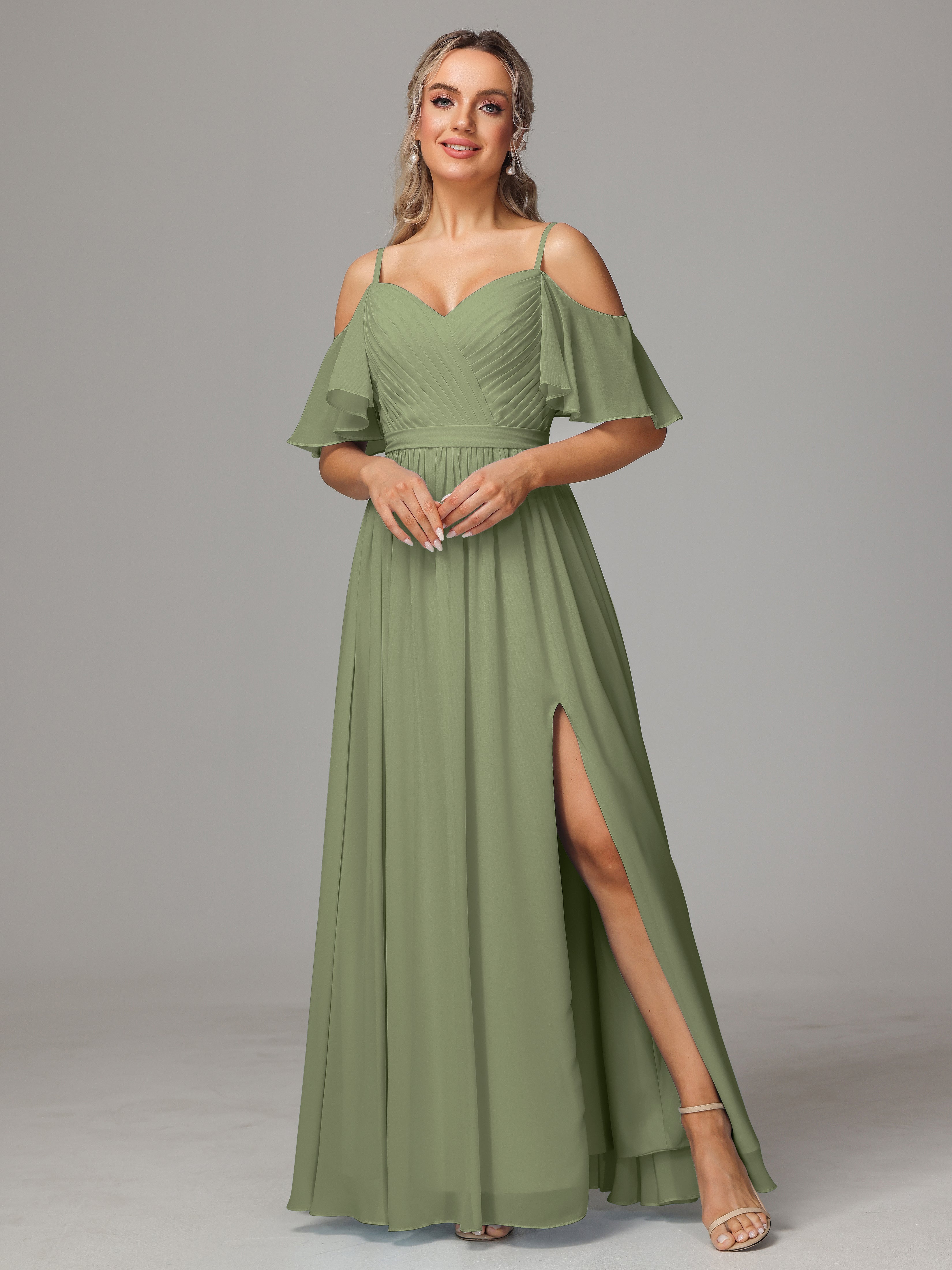 Robes De Demoiselle D'Honneur Vert Olive Fendue Trapèze Mousseline Longue Robes Demoiselle D'Honneur Avec Plissé