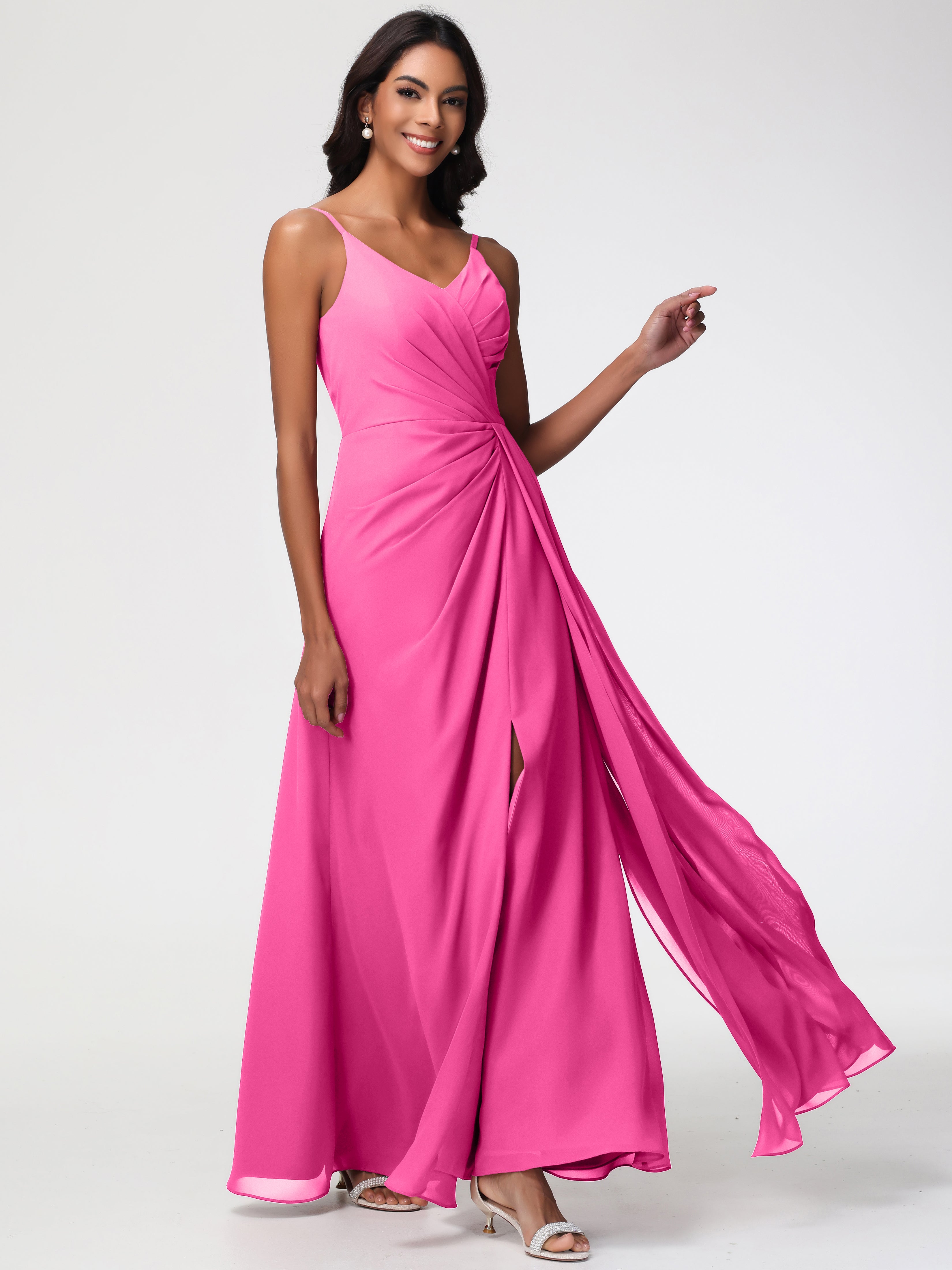 Robe Demoiselle D Honneur Azalée Bretelles Spaghetti Col V Mousseline Robe Demoiselle D'Honneur Longue Plissée