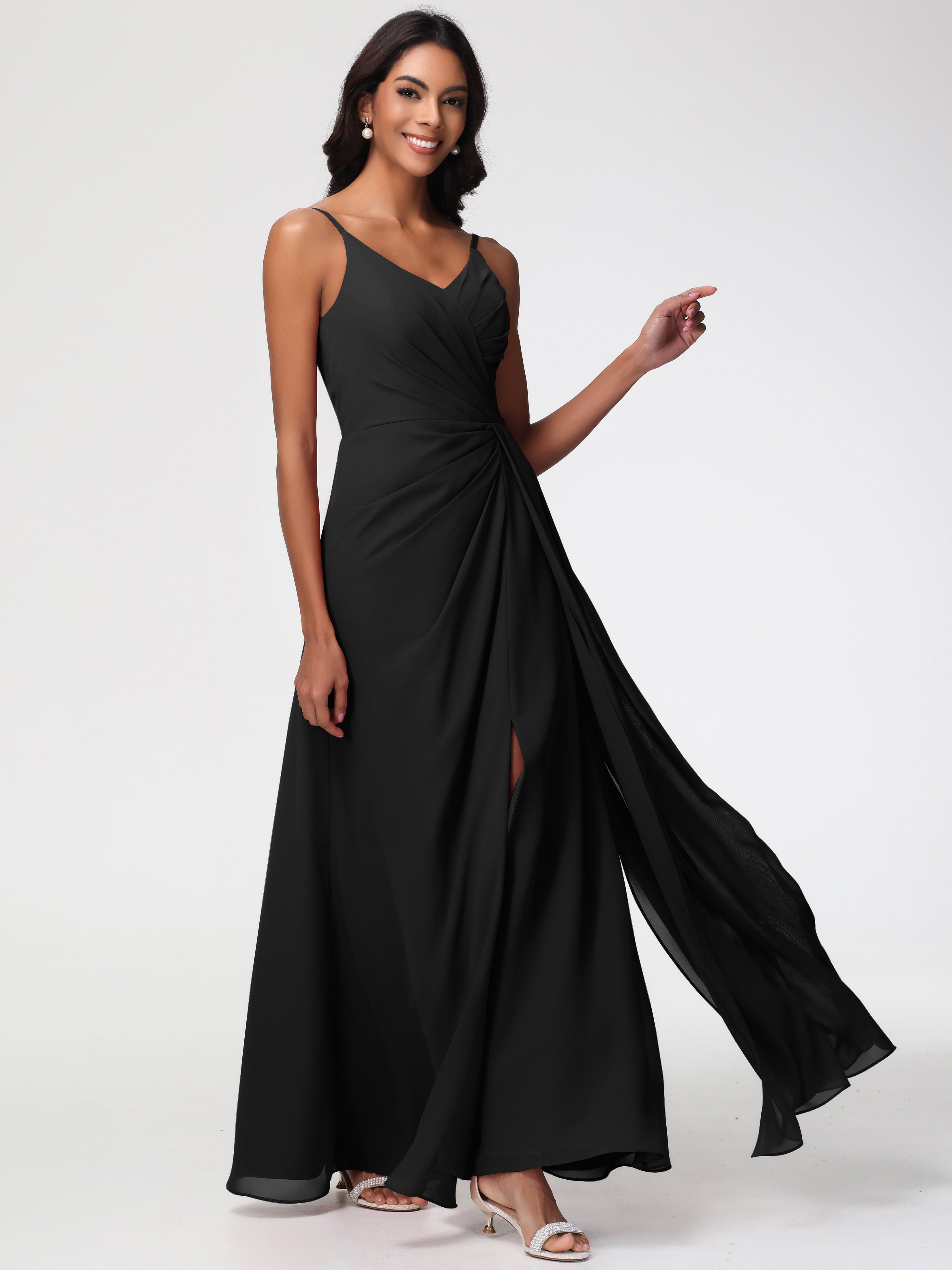 Robe Demoiselle D Honneur Noire Bretelles Spaghetti Col V Mousseline Robe Demoiselle D'Honneur Longue Plissée