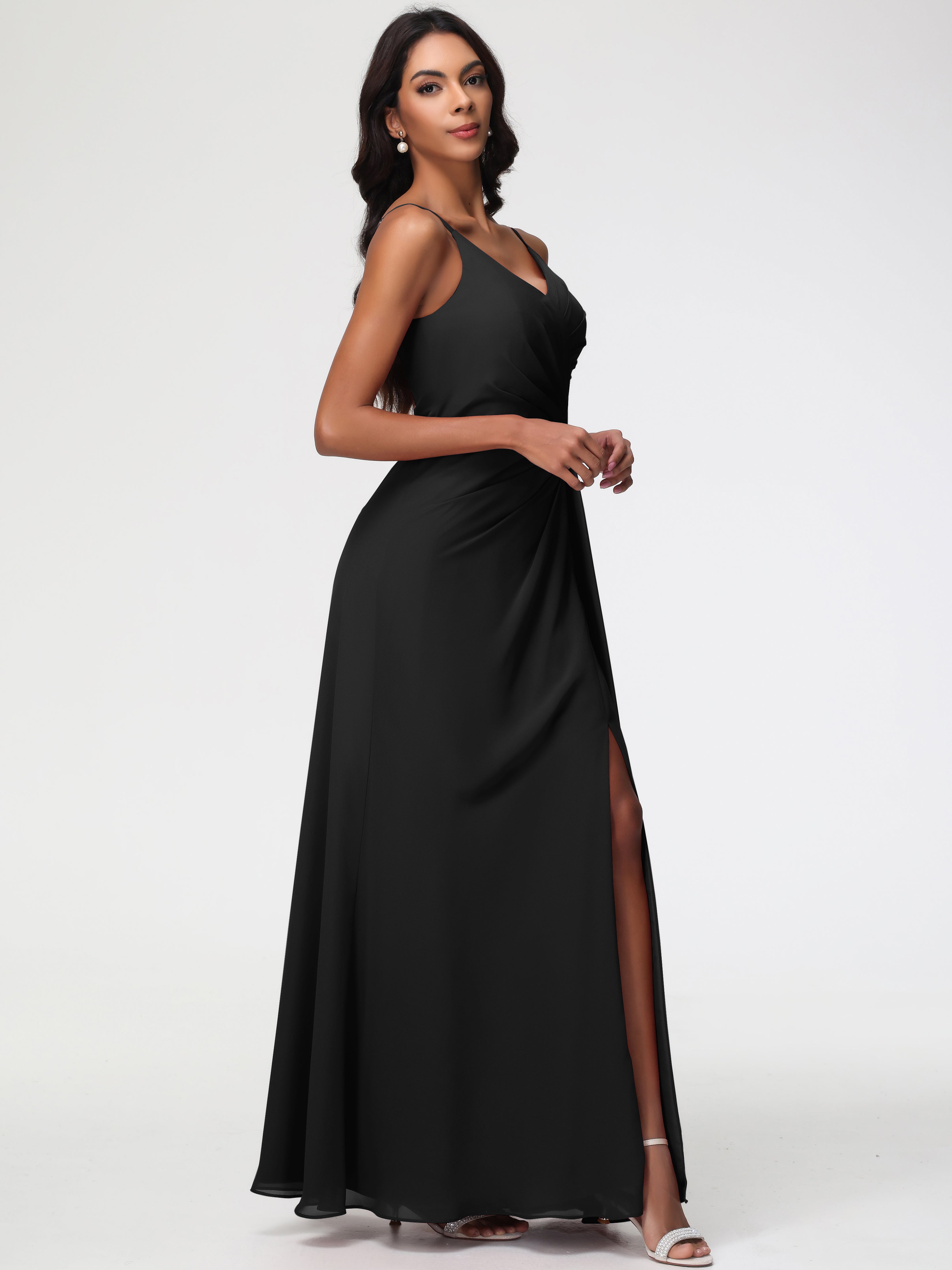 Robe Demoiselle D Honneur Noire Bretelles Spaghetti Col V Mousseline Robe Demoiselle D'Honneur Longue Plissée