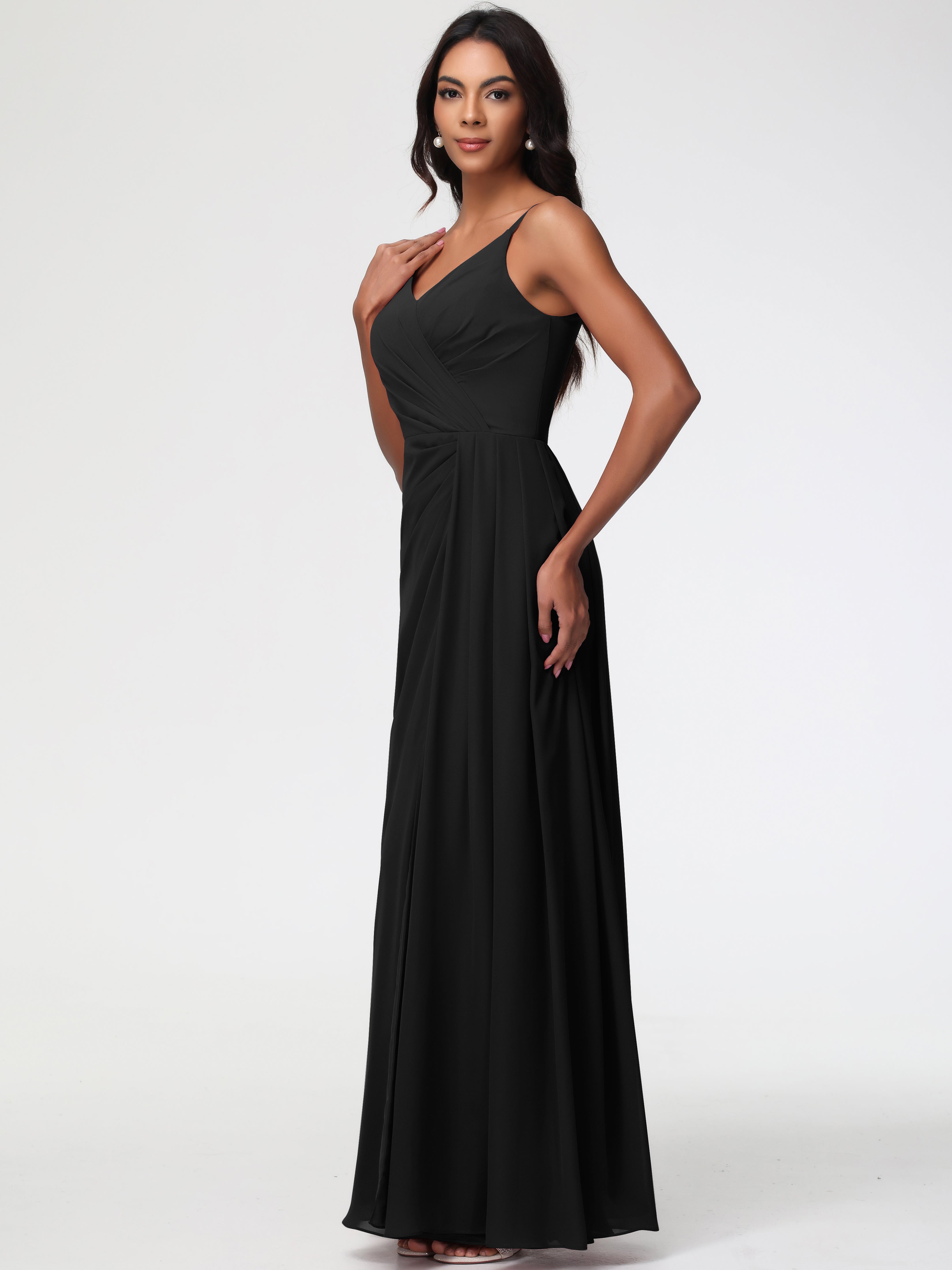 Robe Demoiselle D Honneur Noire Bretelles Spaghetti Col V Mousseline Robe Demoiselle D'Honneur Longue Plissée