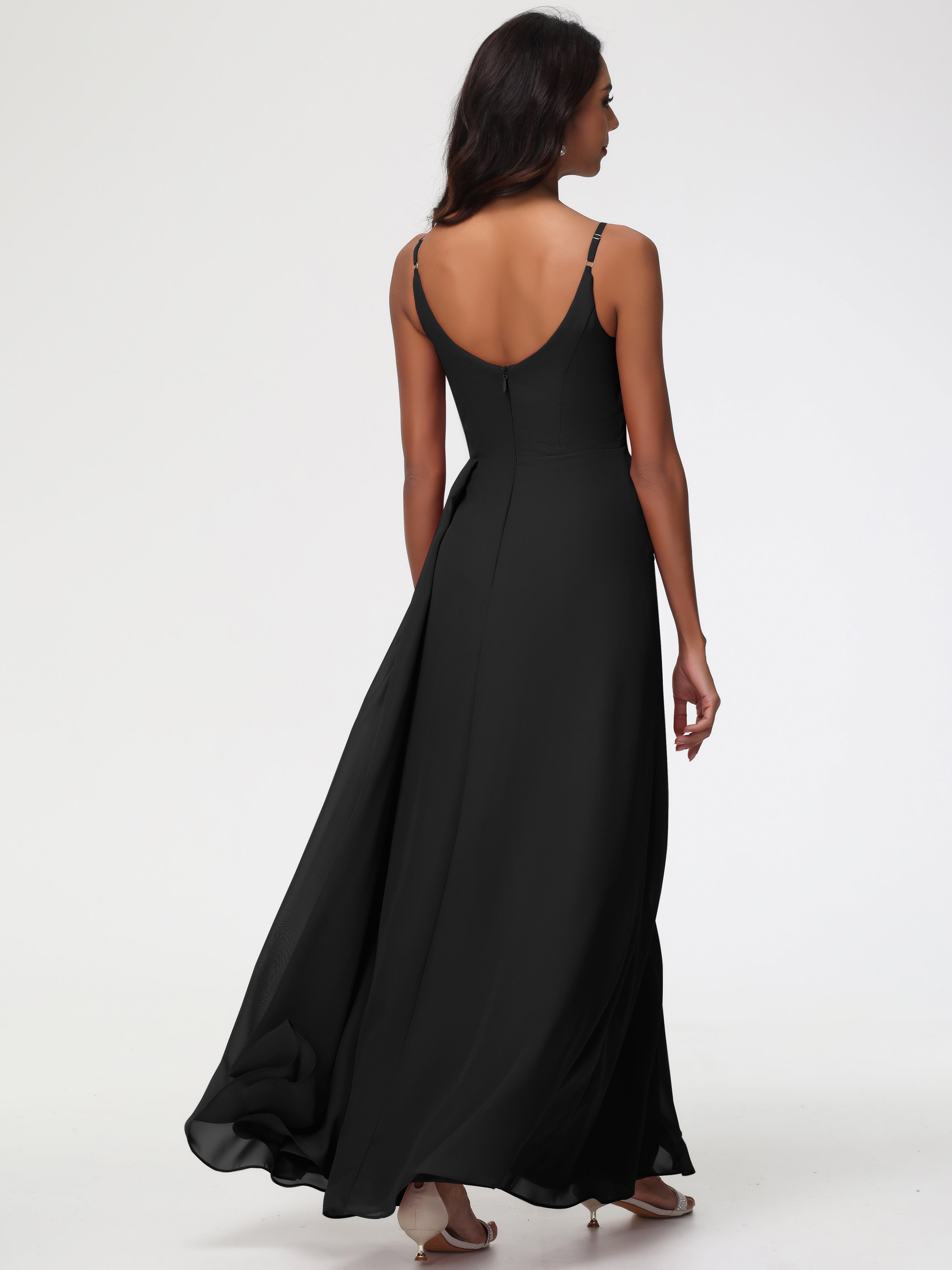 Robe Demoiselle D Honneur Noire Bretelles Spaghetti Col V Mousseline Robe Demoiselle D'Honneur Longue Plissée