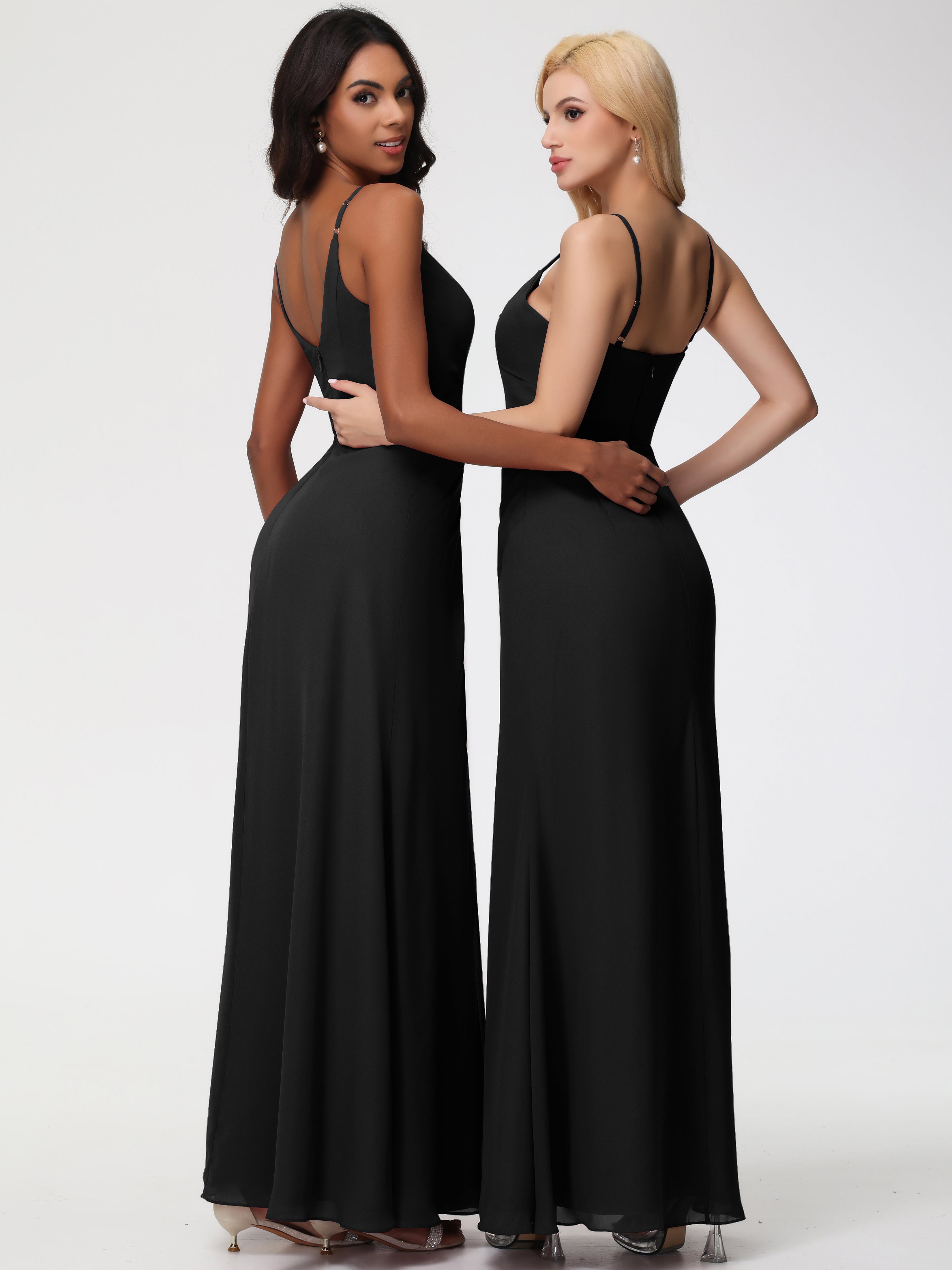 Robe Demoiselle D Honneur Noire Bretelles Spaghetti Col V Mousseline Robe Demoiselle D'Honneur Longue Plissée