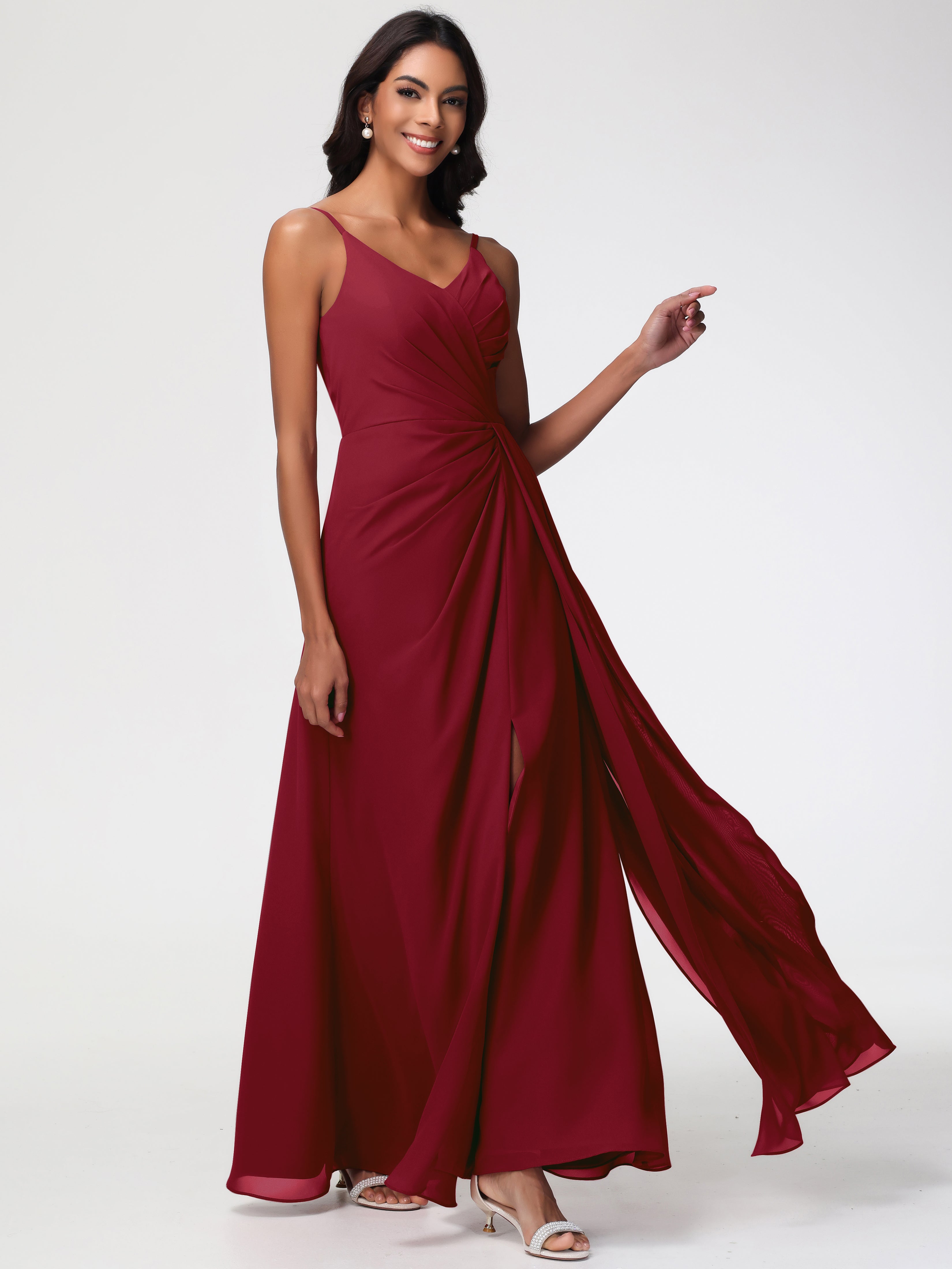 Robe Bordeaux Mariage Demoiselle D Honneur Bretelles Spaghetti Col V Mousseline Robe Demoiselle D'Honneur Longue Plissée