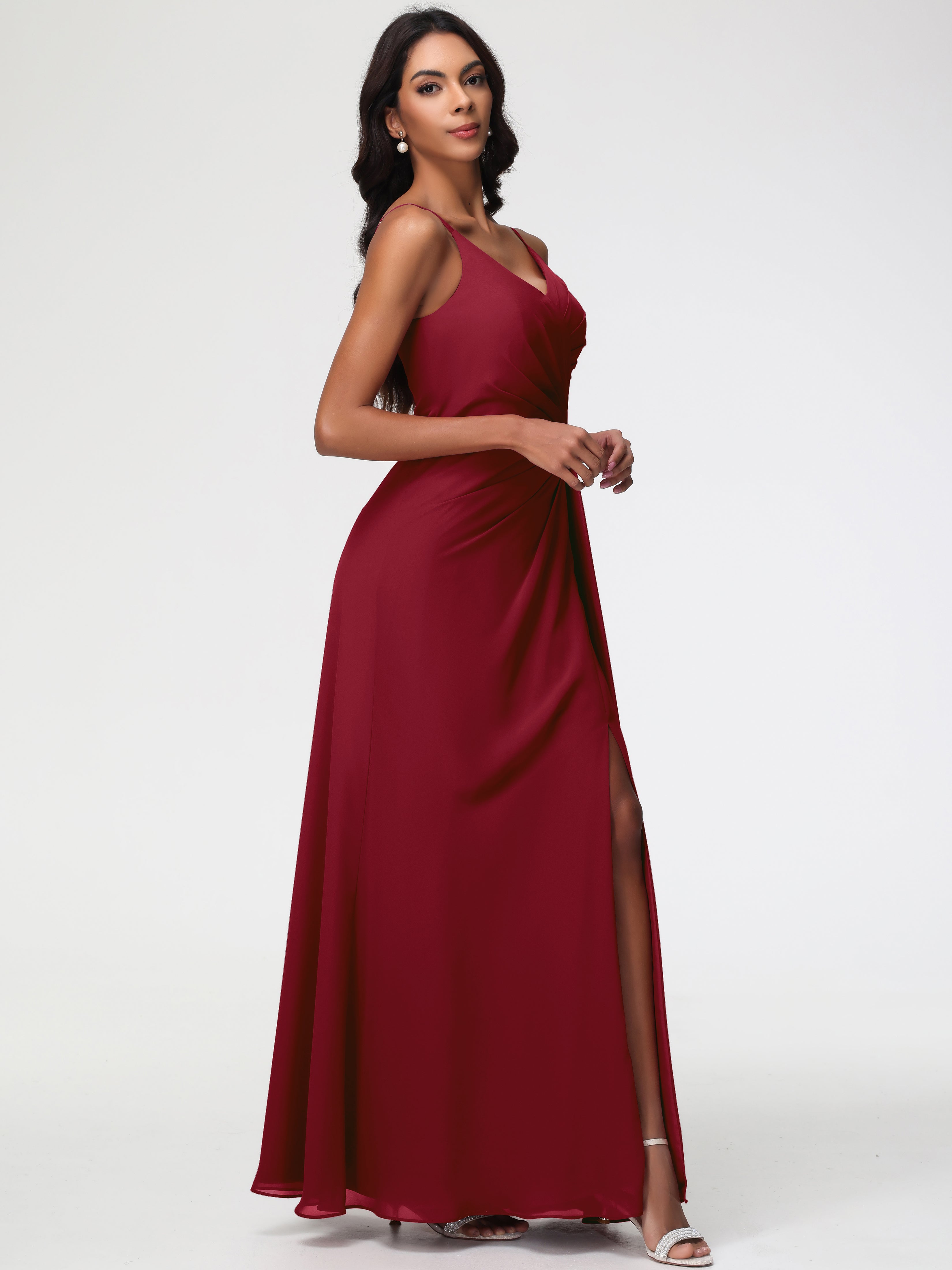 Robe Bordeaux Mariage Demoiselle D Honneur Bretelles Spaghetti Col V Mousseline Robe Demoiselle D'Honneur Longue Plissée