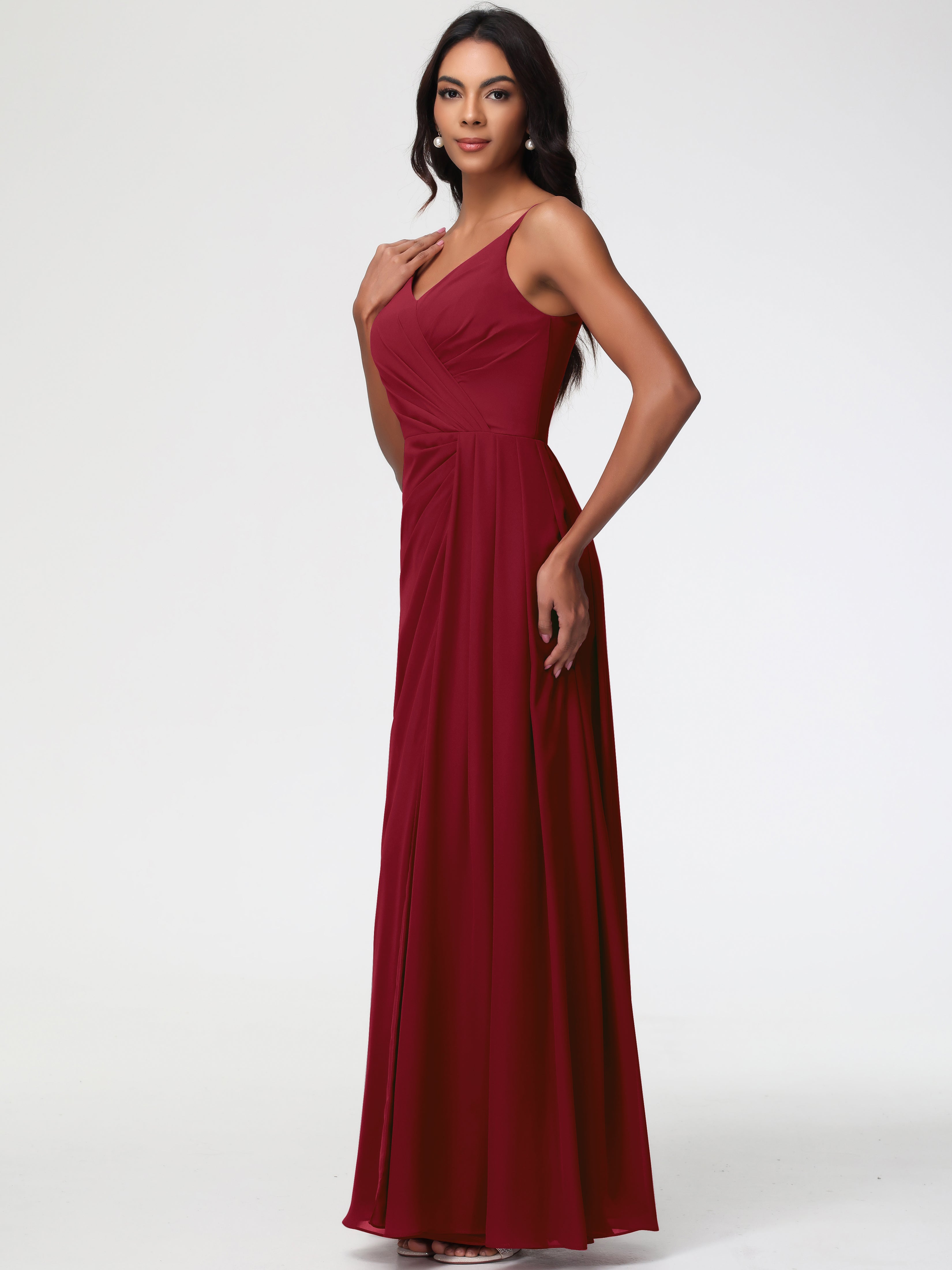 Robe Bordeaux Mariage Demoiselle D Honneur Bretelles Spaghetti Col V Mousseline Robe Demoiselle D'Honneur Longue Plissée
