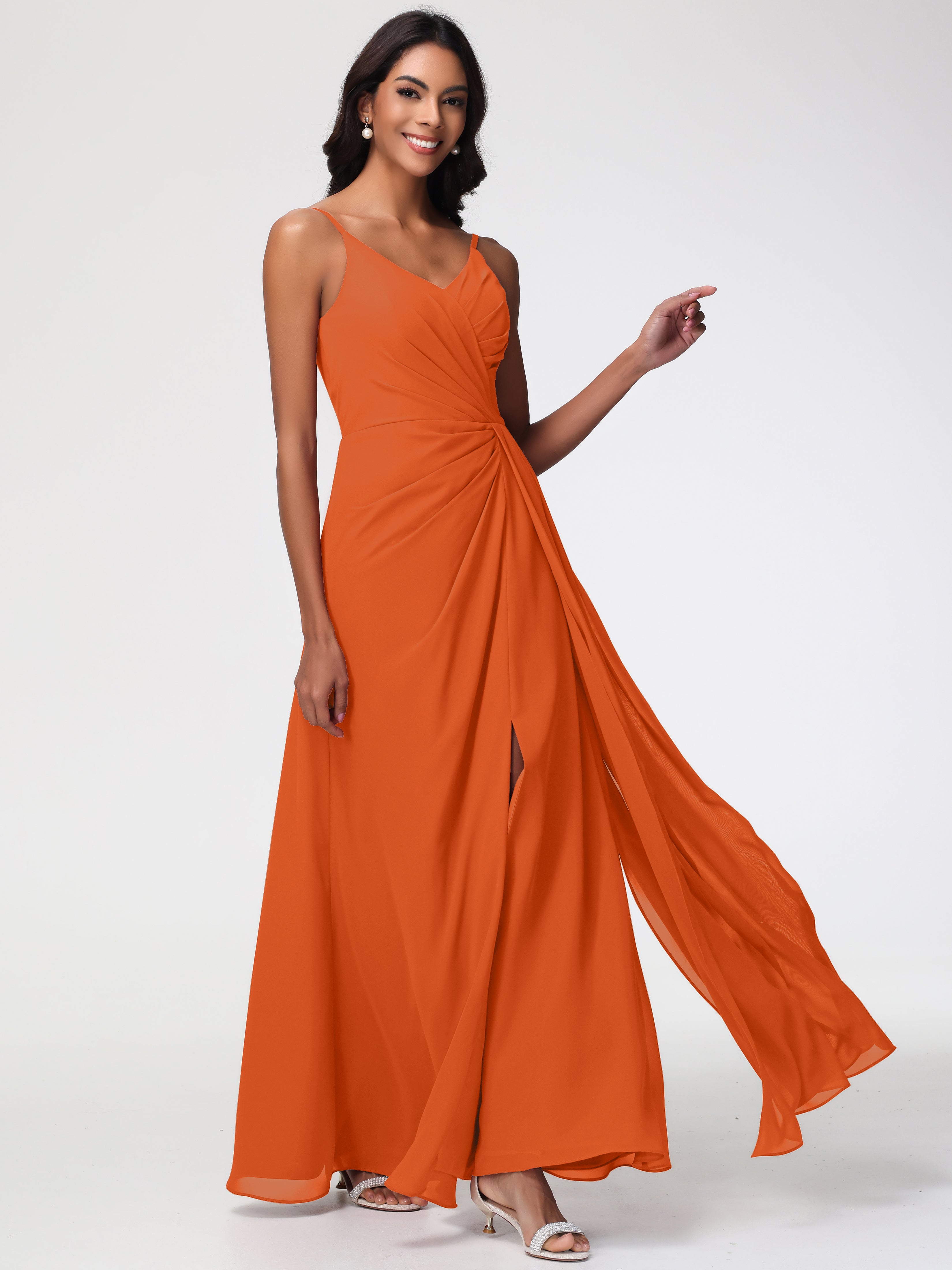 Robe Demoiselle D Honneur Orange Brulé Bretelles Spaghetti Col V Mousseline Robe Demoiselle D'Honneur Longue Plissée