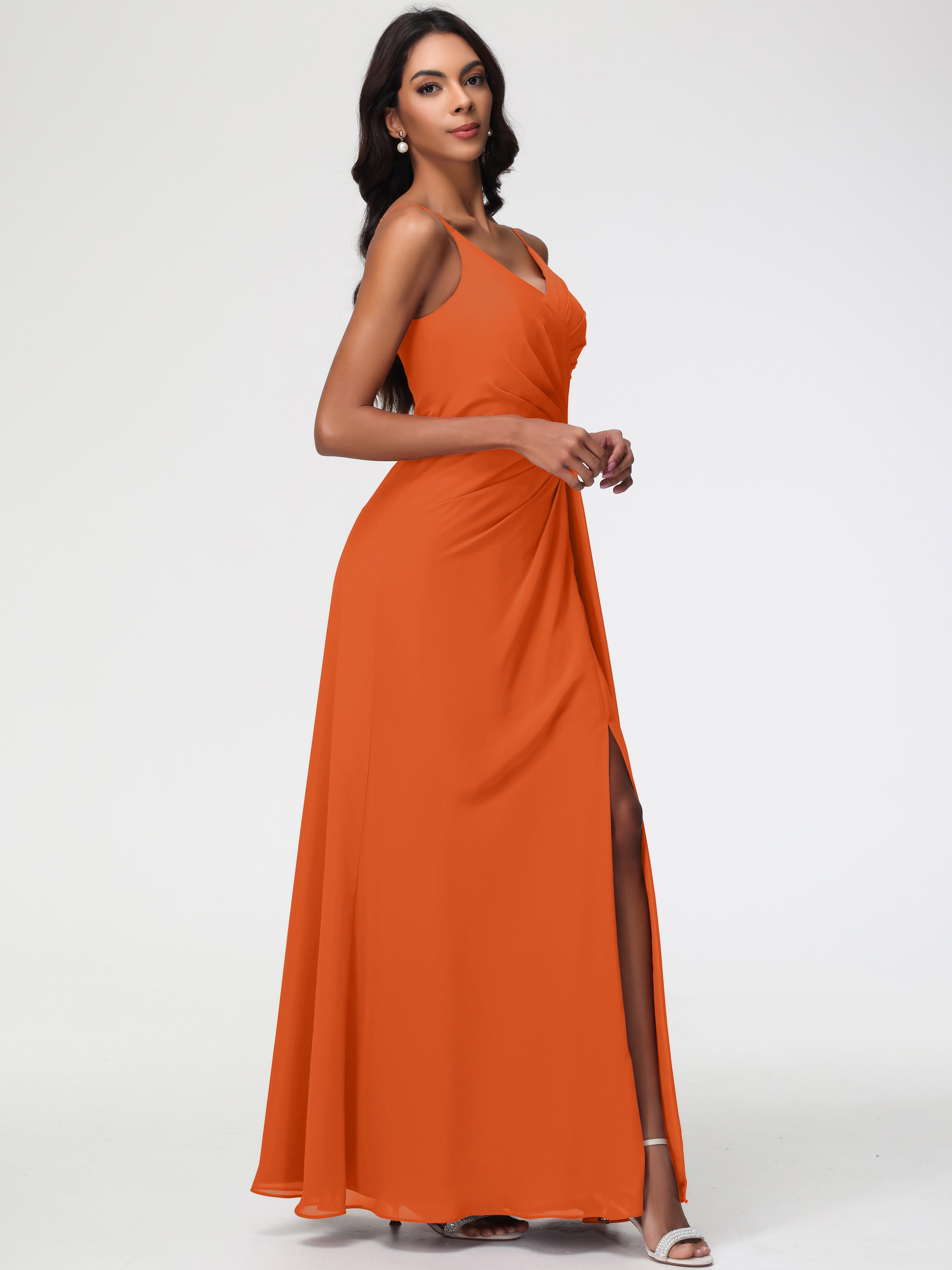 Robe Demoiselle D Honneur Orange Brulé Bretelles Spaghetti Col V Mousseline Robe Demoiselle D'Honneur Longue Plissée