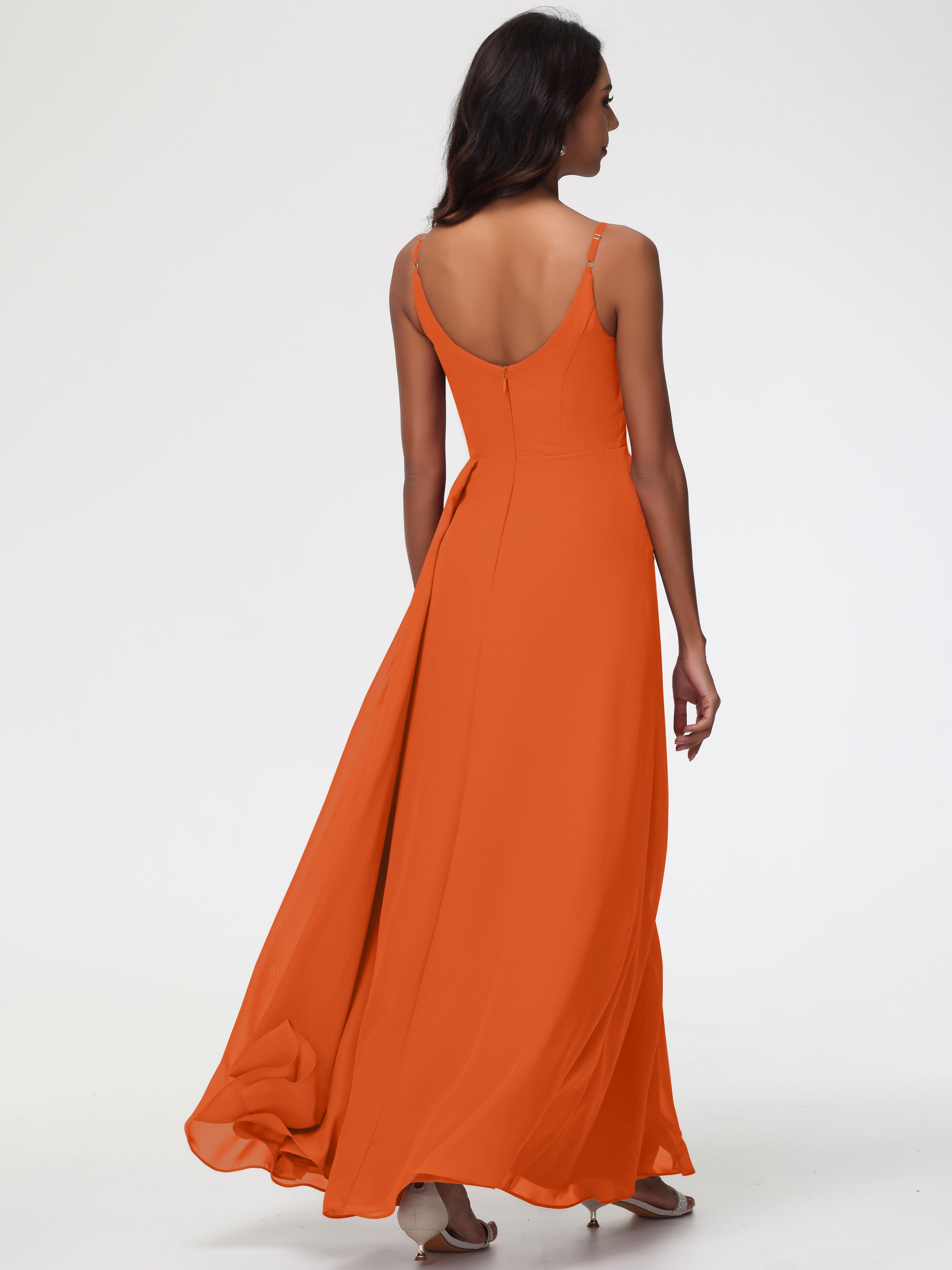 Robe Demoiselle D Honneur Orange Brulé Bretelles Spaghetti Col V Mousseline Robe Demoiselle D'Honneur Longue Plissée