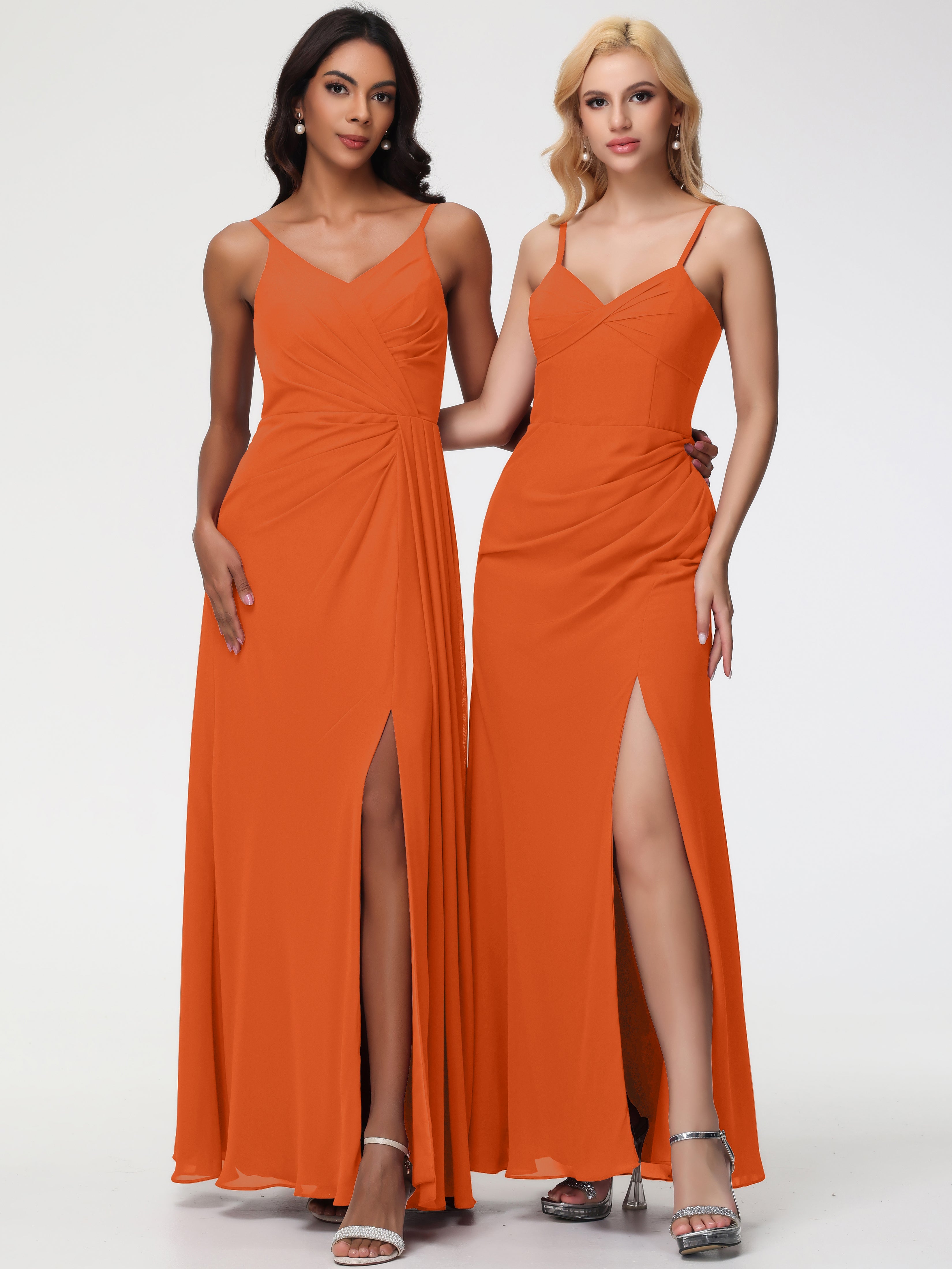 Robe Demoiselle D Honneur Orange Brulé Bretelles Spaghetti Col V Mousseline Robe Demoiselle D'Honneur Longue Plissée
