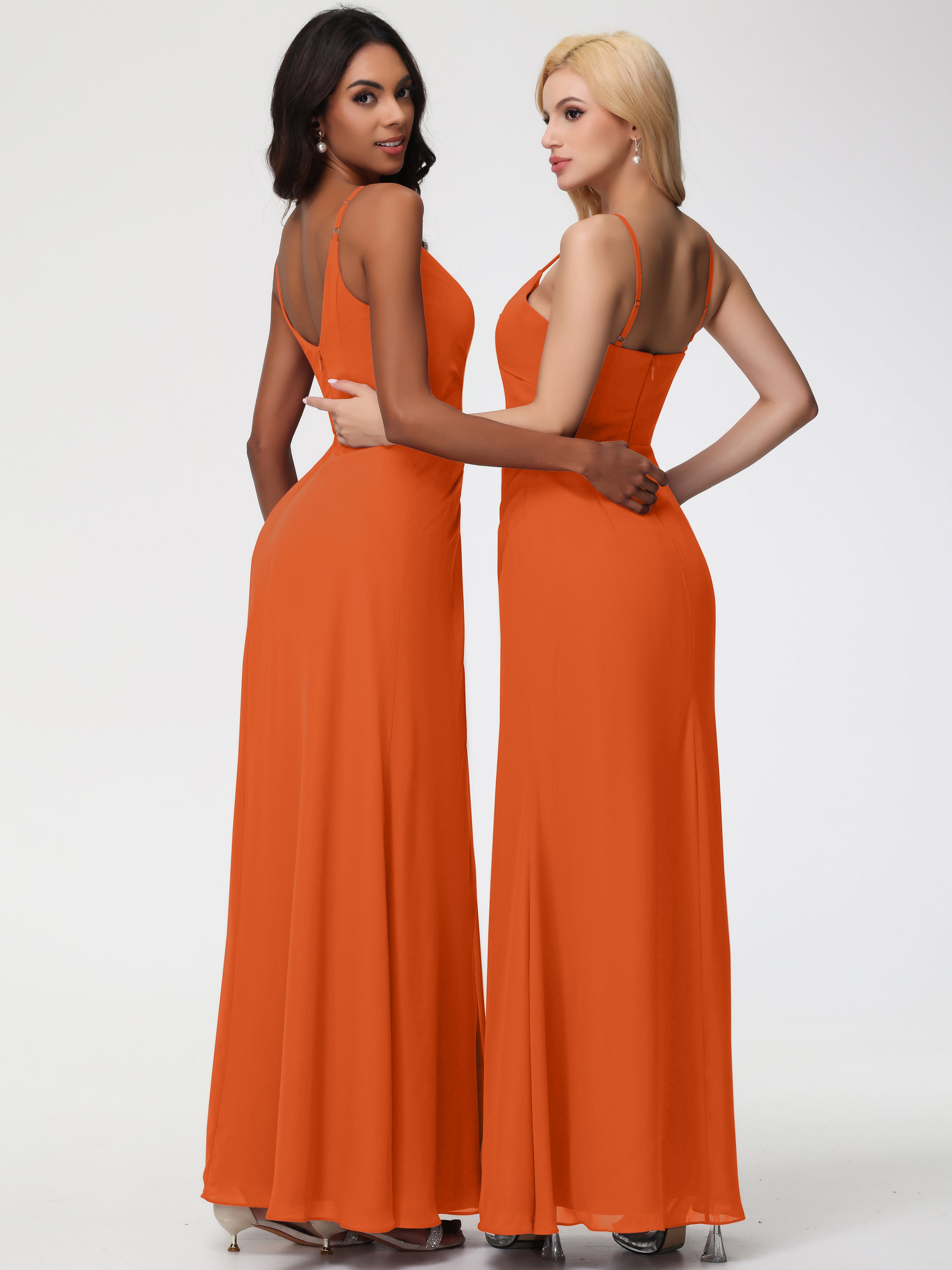 Robe Demoiselle D Honneur Orange Brulé Bretelles Spaghetti Col V Mousseline Robe Demoiselle D'Honneur Longue Plissée