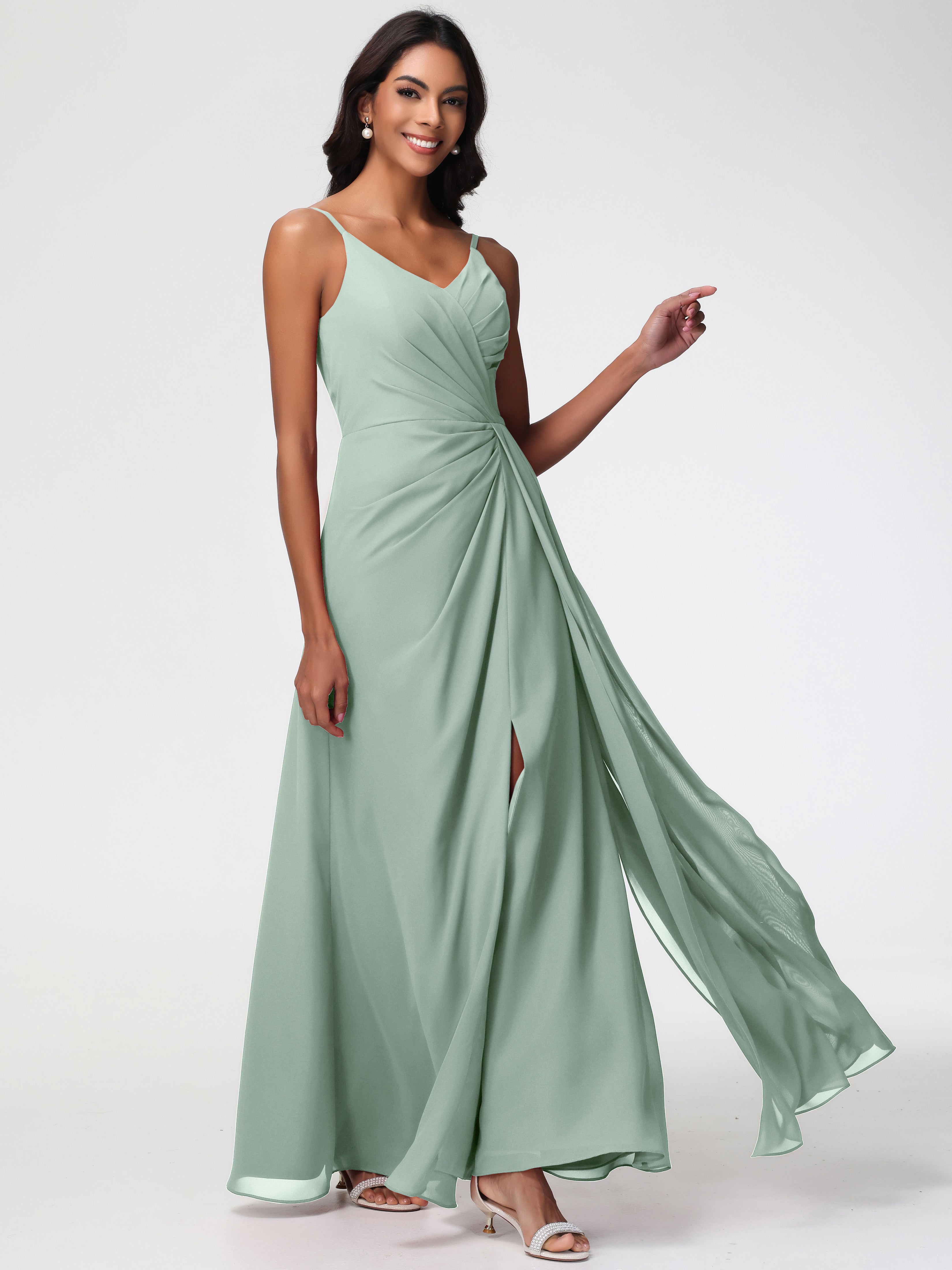 Robe Demoiselle D Honneur Vert Celadon Bretelles Spaghetti Col V Mousseline Robe Demoiselle D'Honneur Longue Plissée