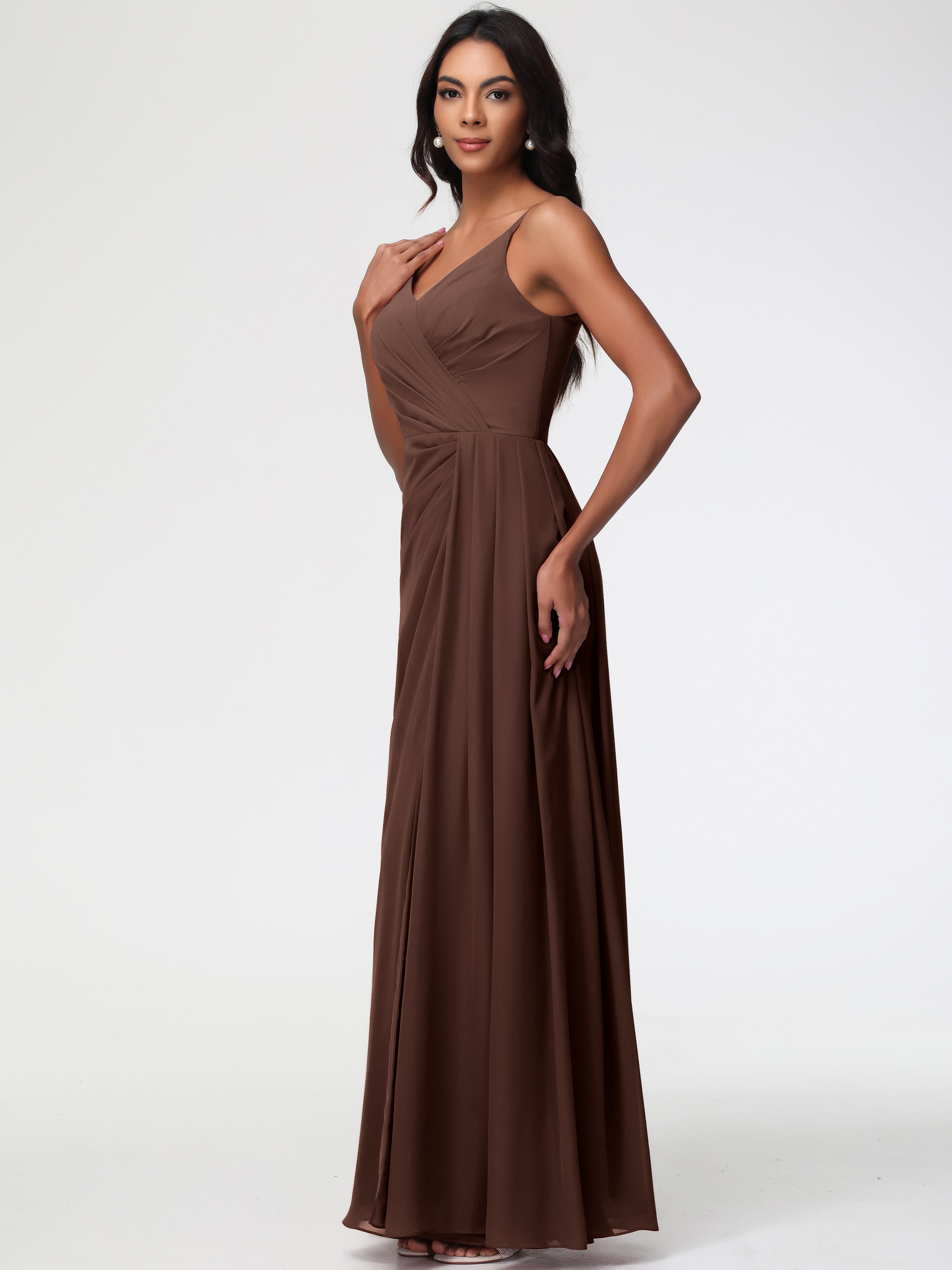 Robe Chocolat Demoiselle D Honneur Bretelles Spaghetti Col V Mousseline Robe Demoiselle D'Honneur Longue Plissée