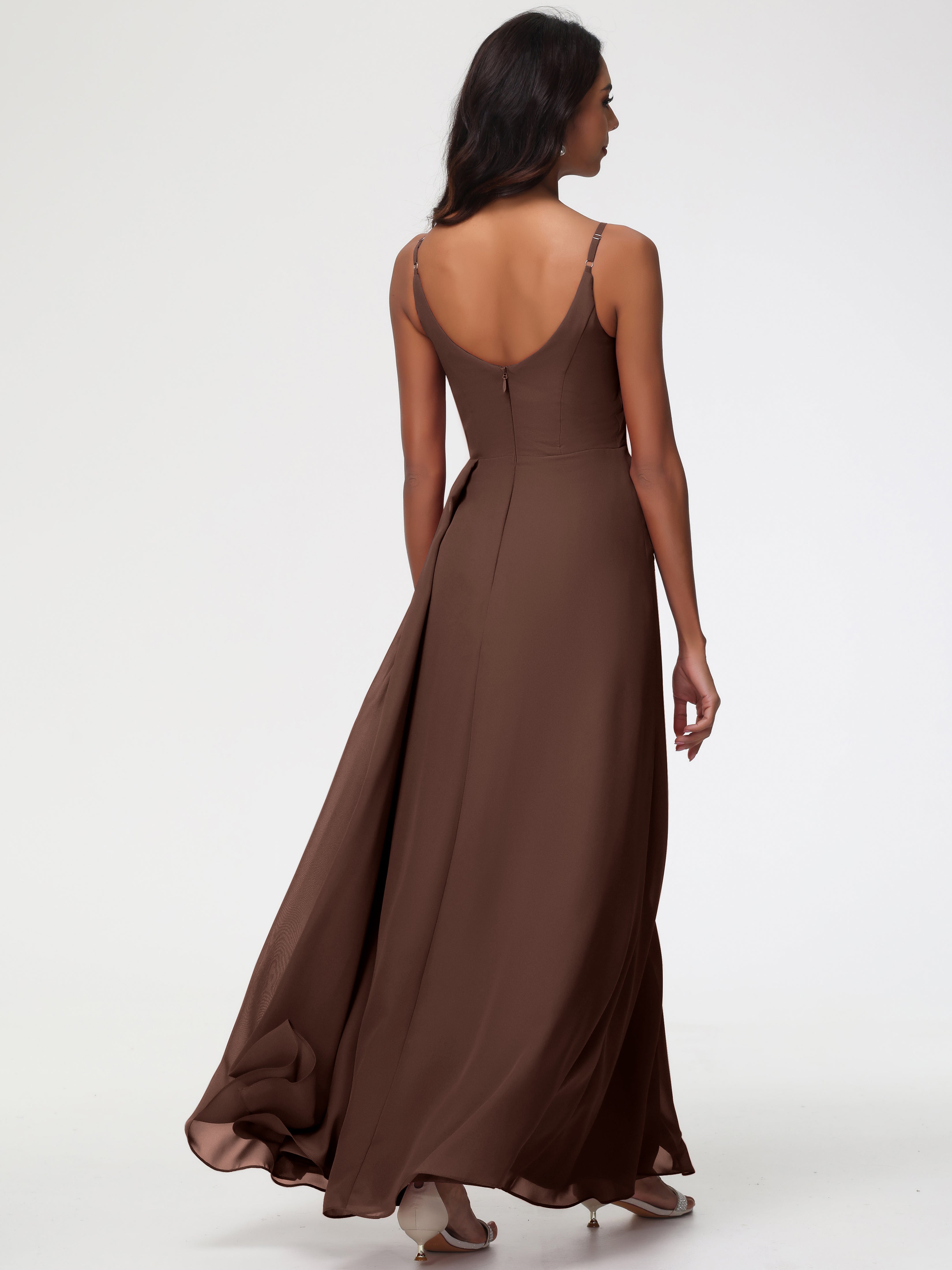 Robe Chocolat Demoiselle D Honneur Bretelles Spaghetti Col V Mousseline Robe Demoiselle D'Honneur Longue Plissée