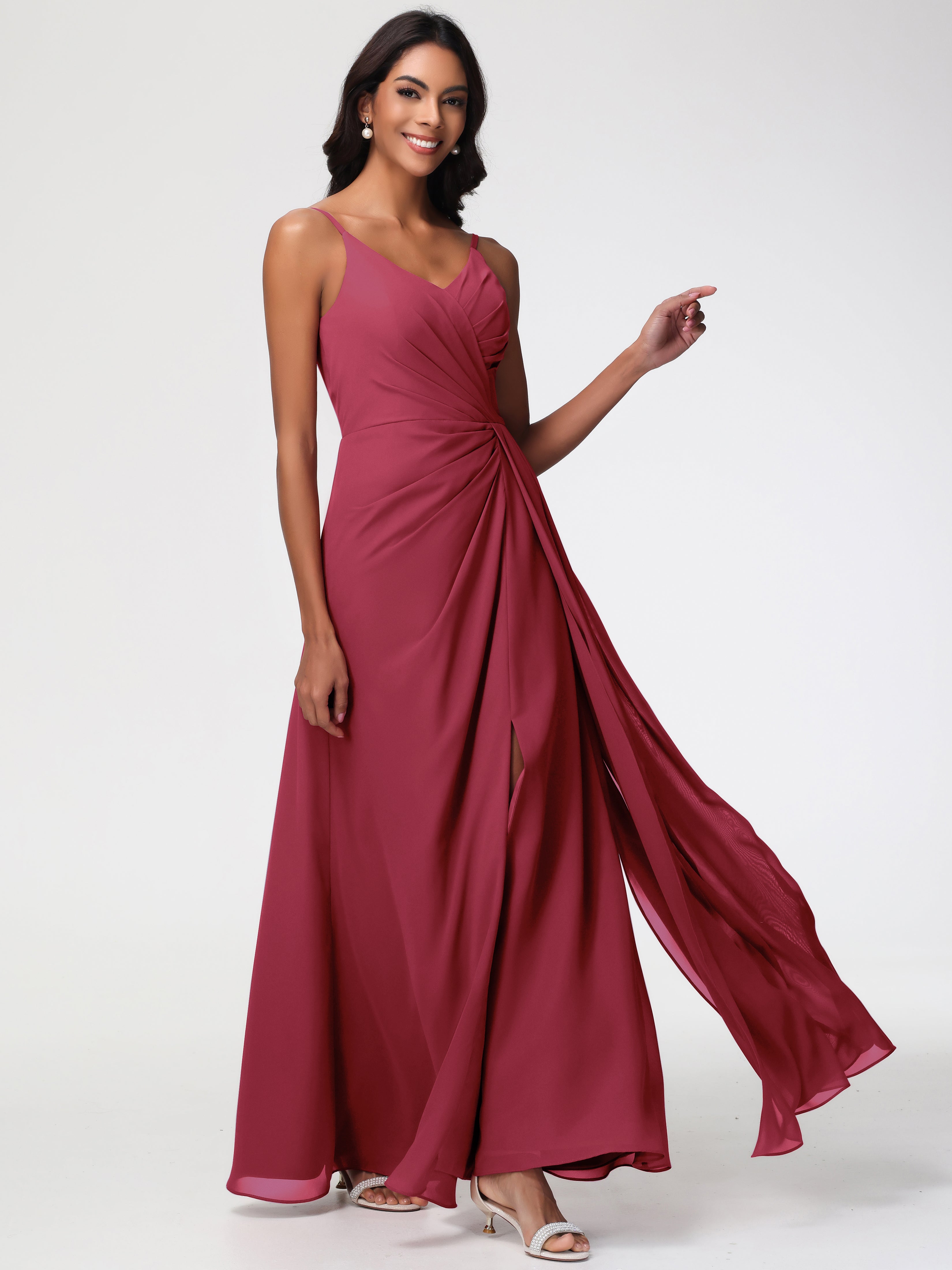 Couleur Rose Cannelle Bretelles Spaghetti Col V Mousseline Robe Demoiselle D'Honneur Longue Plissée