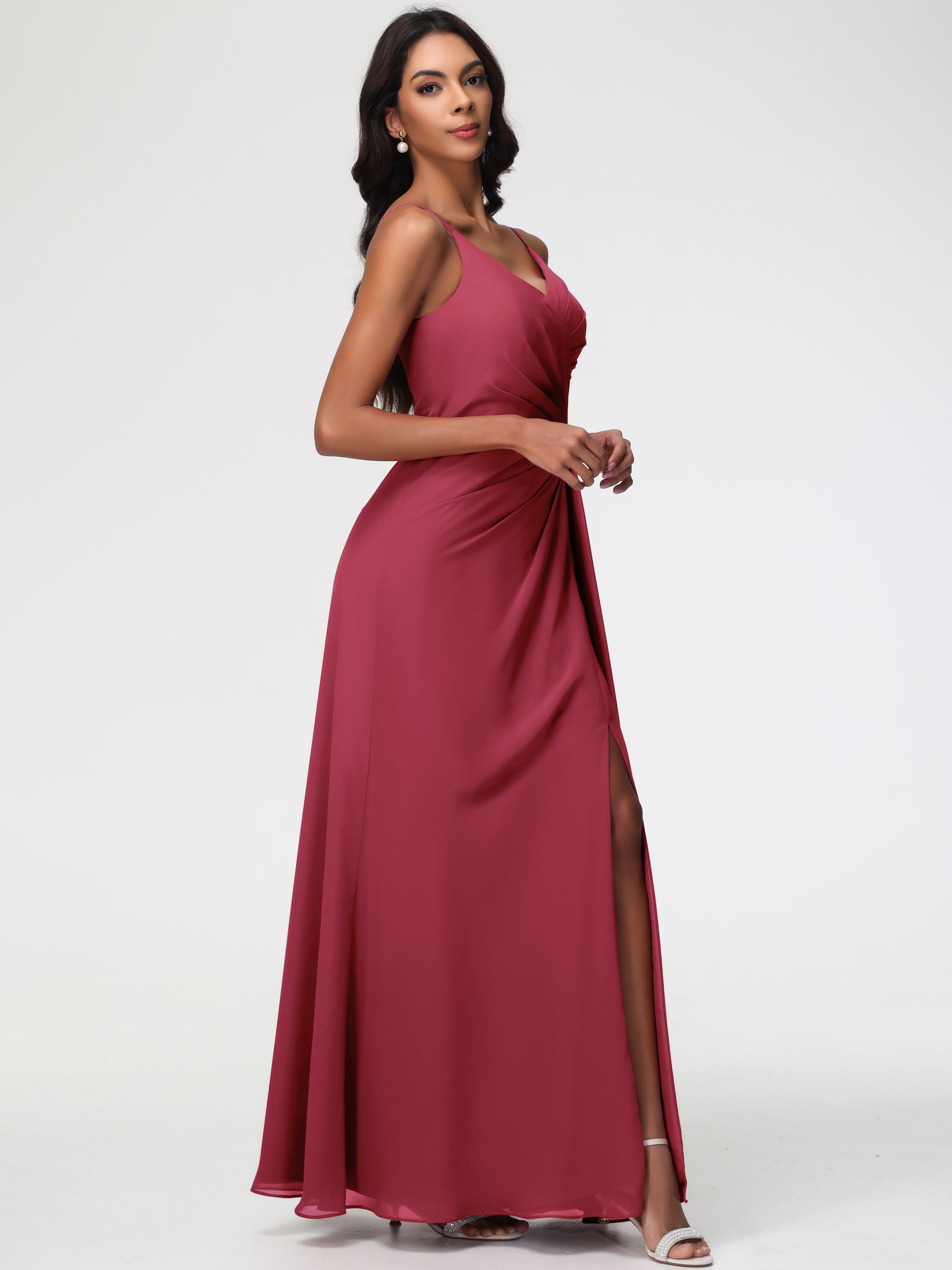 Couleur Rose Cannelle Bretelles Spaghetti Col V Mousseline Robe Demoiselle D'Honneur Longue Plissée