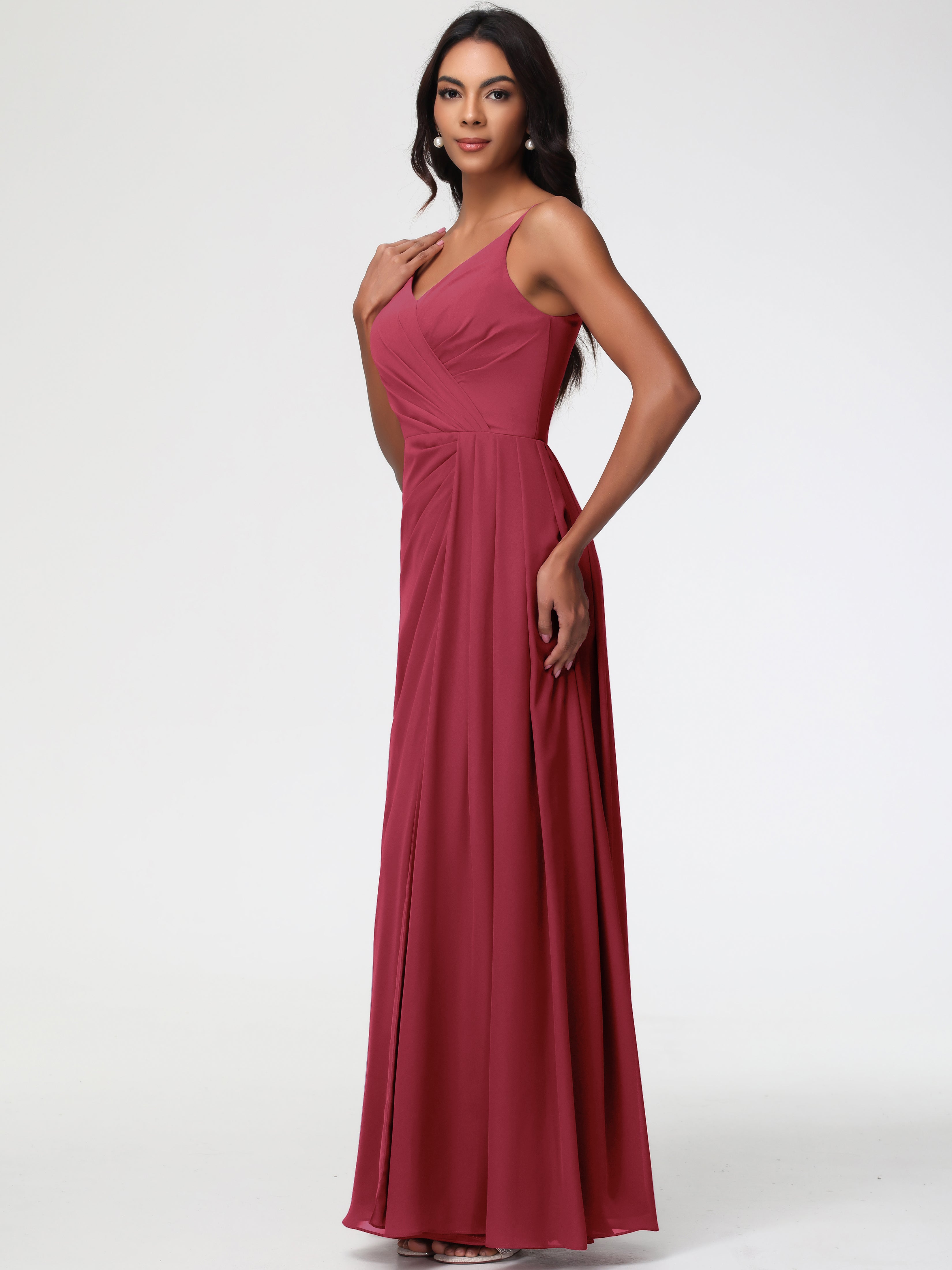 Couleur Rose Cannelle Bretelles Spaghetti Col V Mousseline Robe Demoiselle D'Honneur Longue Plissée