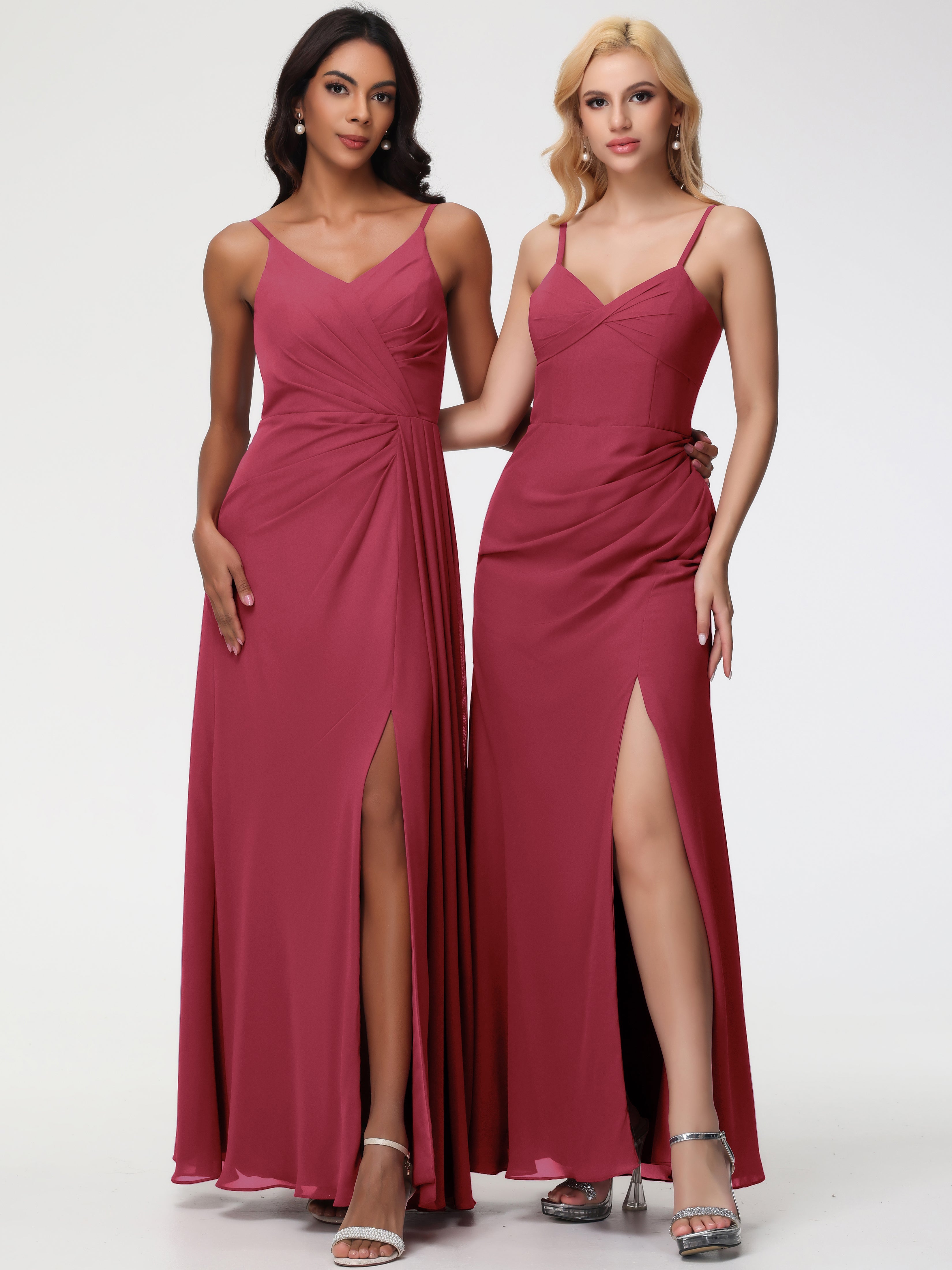 Couleur Rose Cannelle Bretelles Spaghetti Col V Mousseline Robe Demoiselle D'Honneur Longue Plissée
