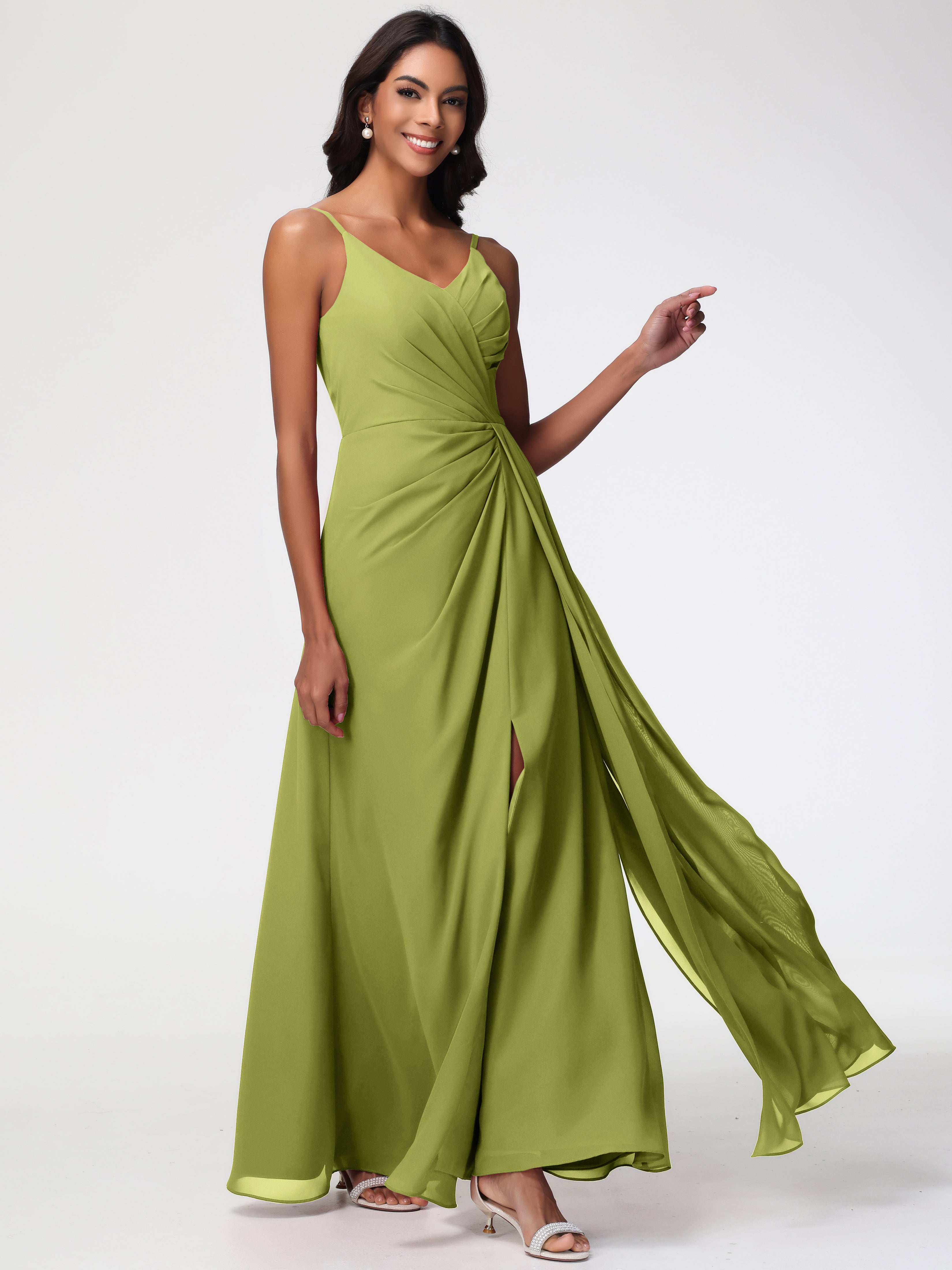 Robes De Demoiselle D'Honneur Trèfle Bretelles Spaghetti Col V Mousseline Robe Demoiselle D'Honneur Longue Plissée