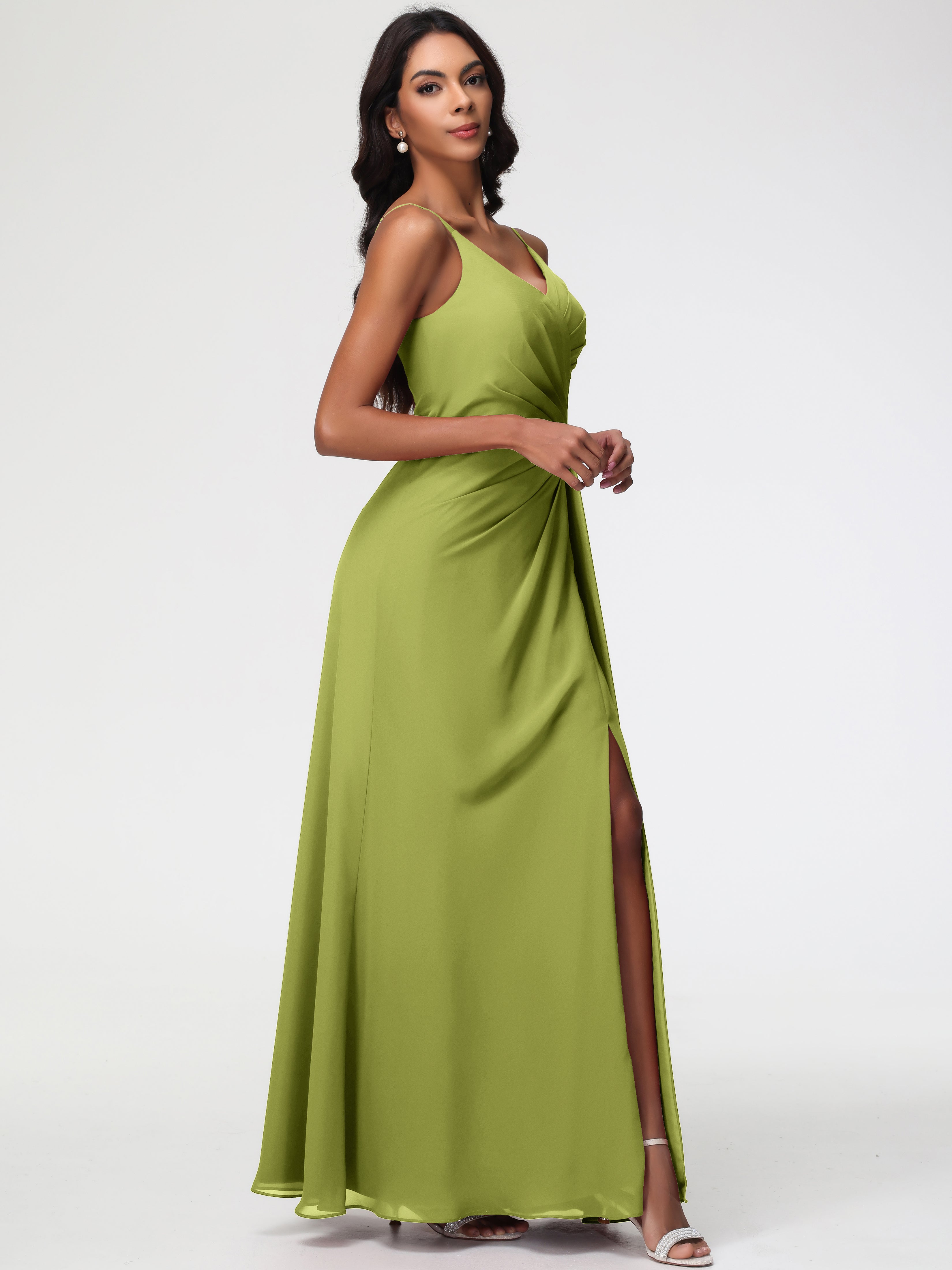 Robes De Demoiselle D'Honneur Trèfle Bretelles Spaghetti Col V Mousseline Robe Demoiselle D'Honneur Longue Plissée