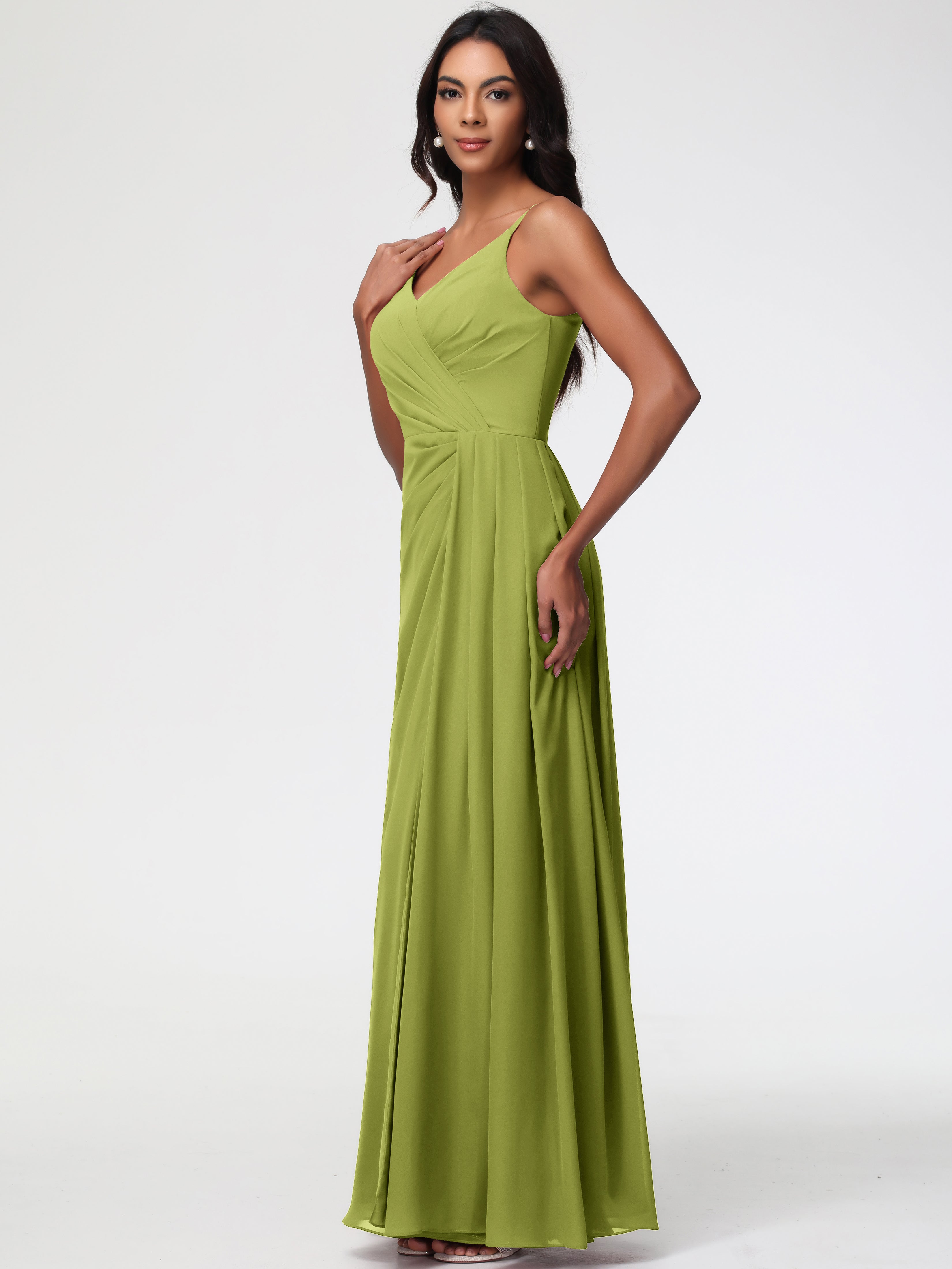 Robes De Demoiselle D'Honneur Trèfle Bretelles Spaghetti Col V Mousseline Robe Demoiselle D'Honneur Longue Plissée