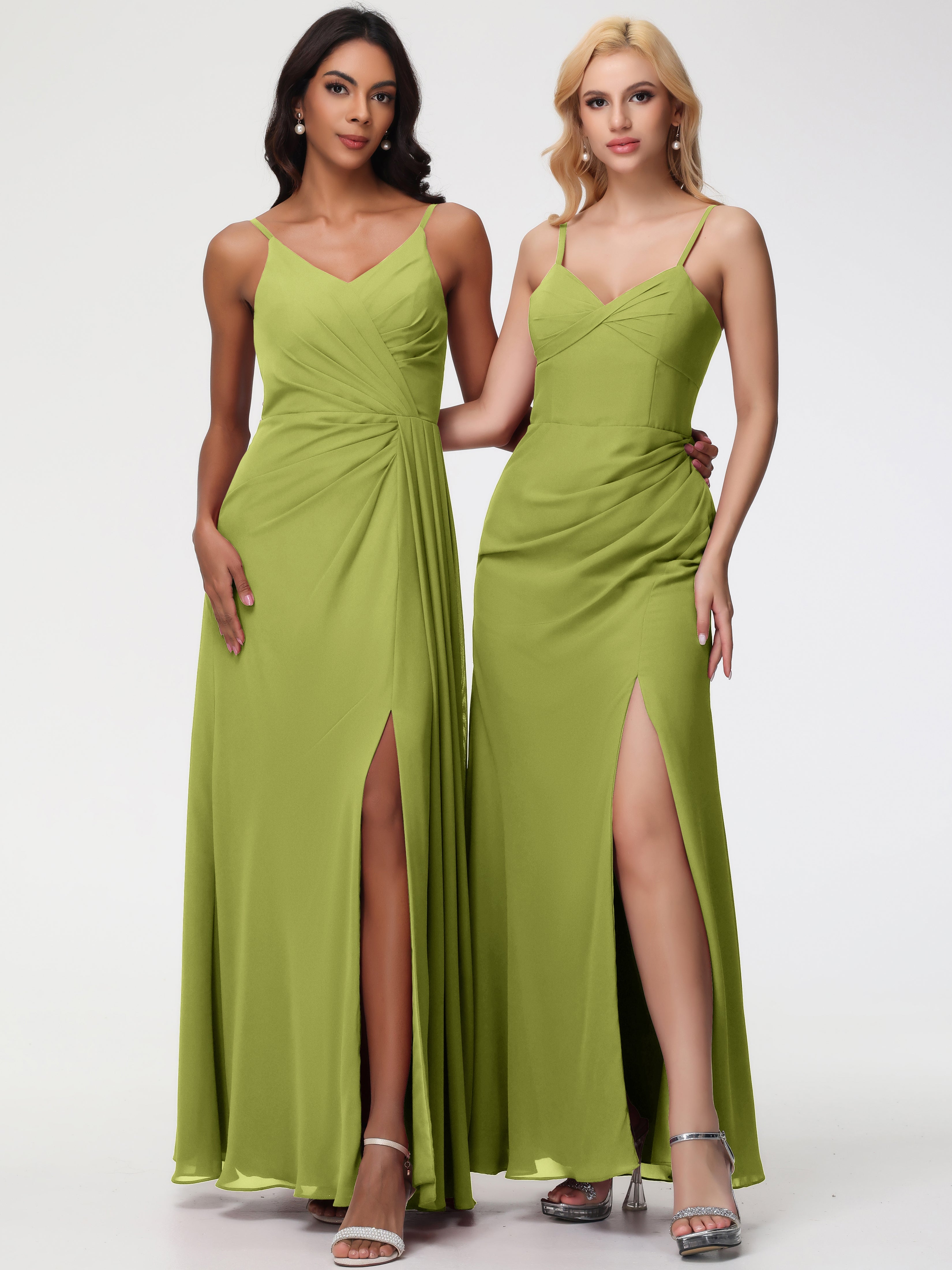 Robes De Demoiselle D'Honneur Trèfle Bretelles Spaghetti Col V Mousseline Robe Demoiselle D'Honneur Longue Plissée