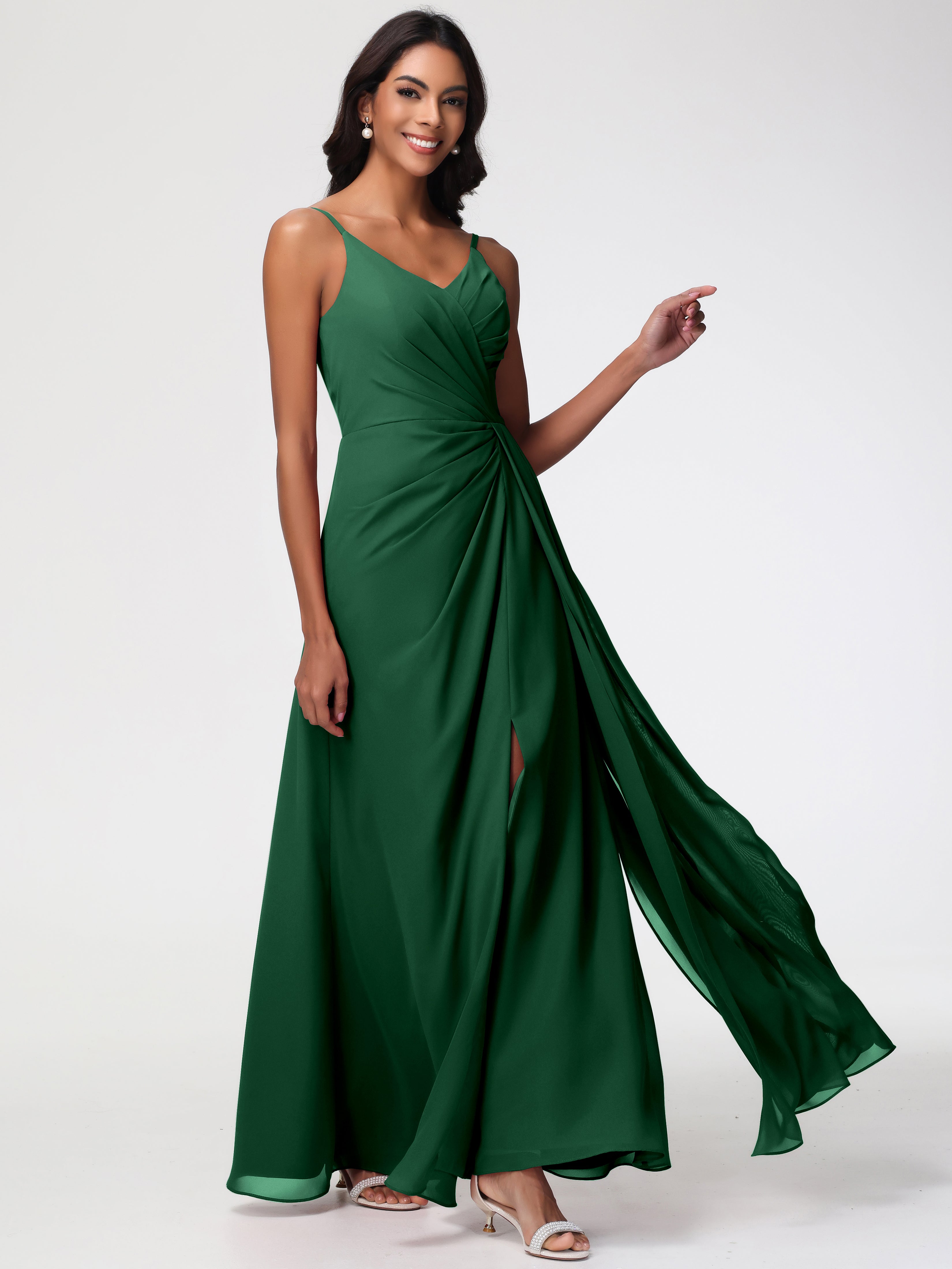 Robe Demoiselle D Honneur Vert Foncé Bretelles Spaghetti Col V Mousseline Robe Demoiselle D'Honneur Longue Plissée