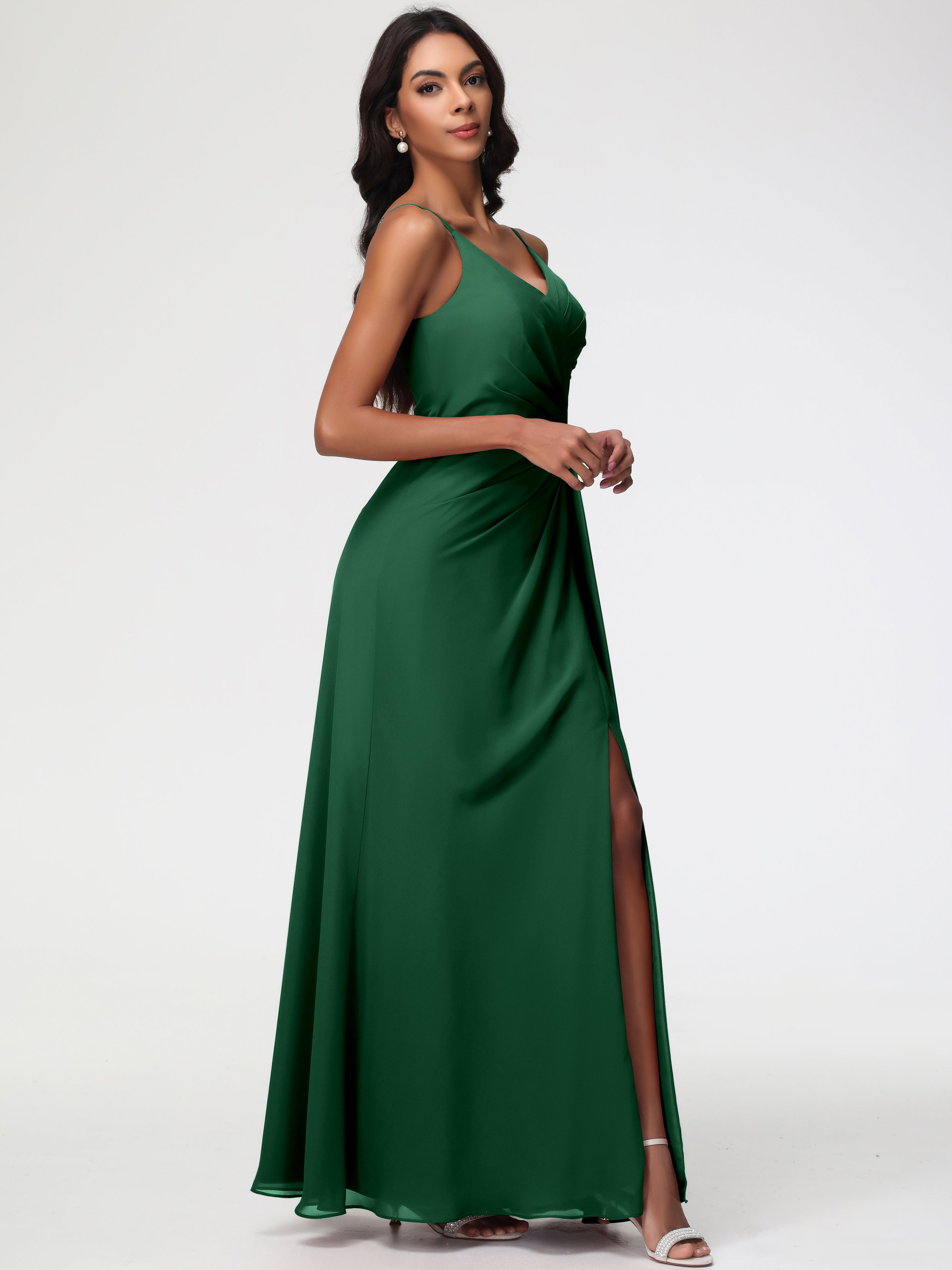 Robe Demoiselle D Honneur Vert Foncé Bretelles Spaghetti Col V Mousseline Robe Demoiselle D'Honneur Longue Plissée
