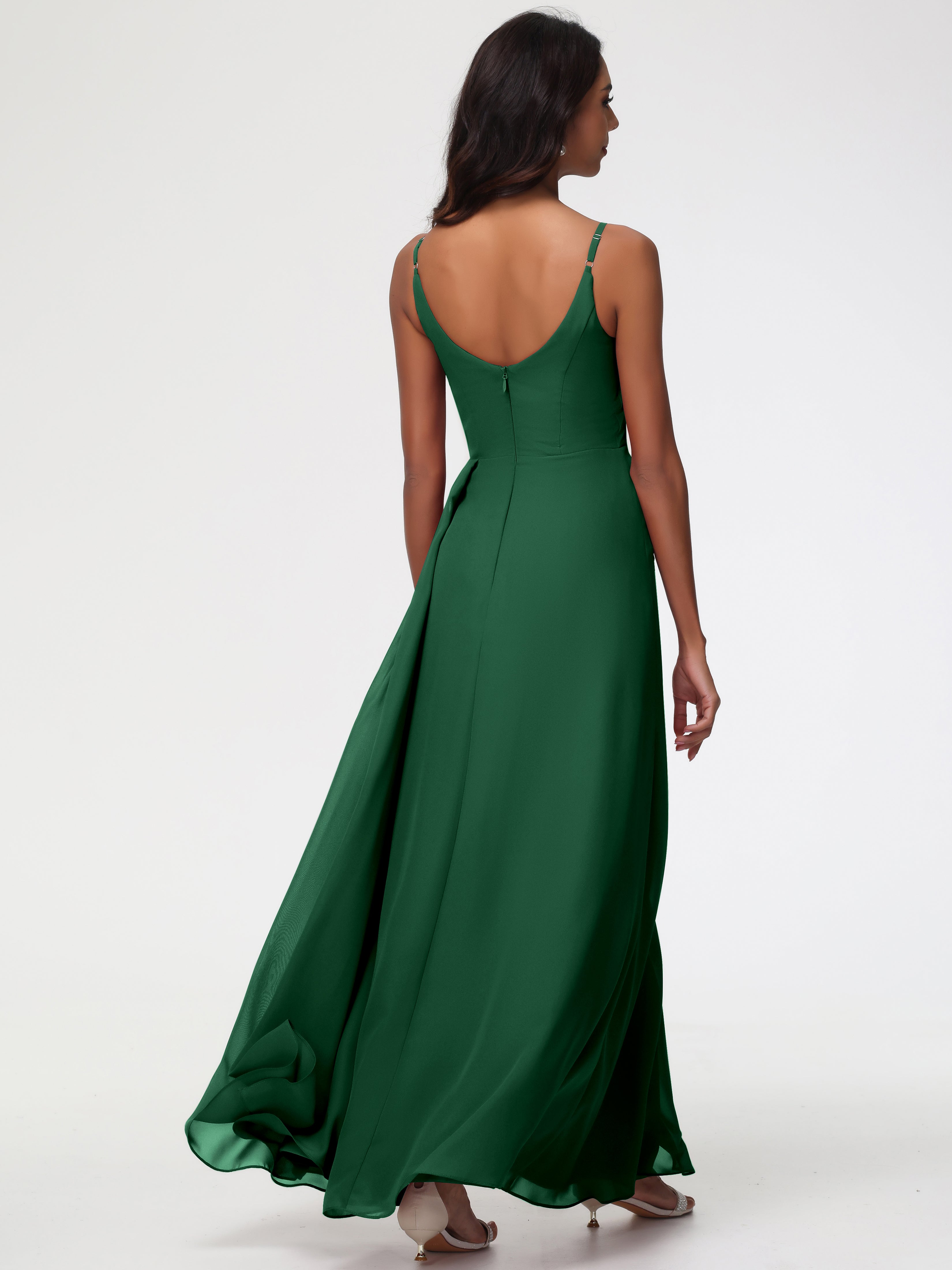Robe Demoiselle D Honneur Vert Foncé Bretelles Spaghetti Col V Mousseline Robe Demoiselle D'Honneur Longue Plissée