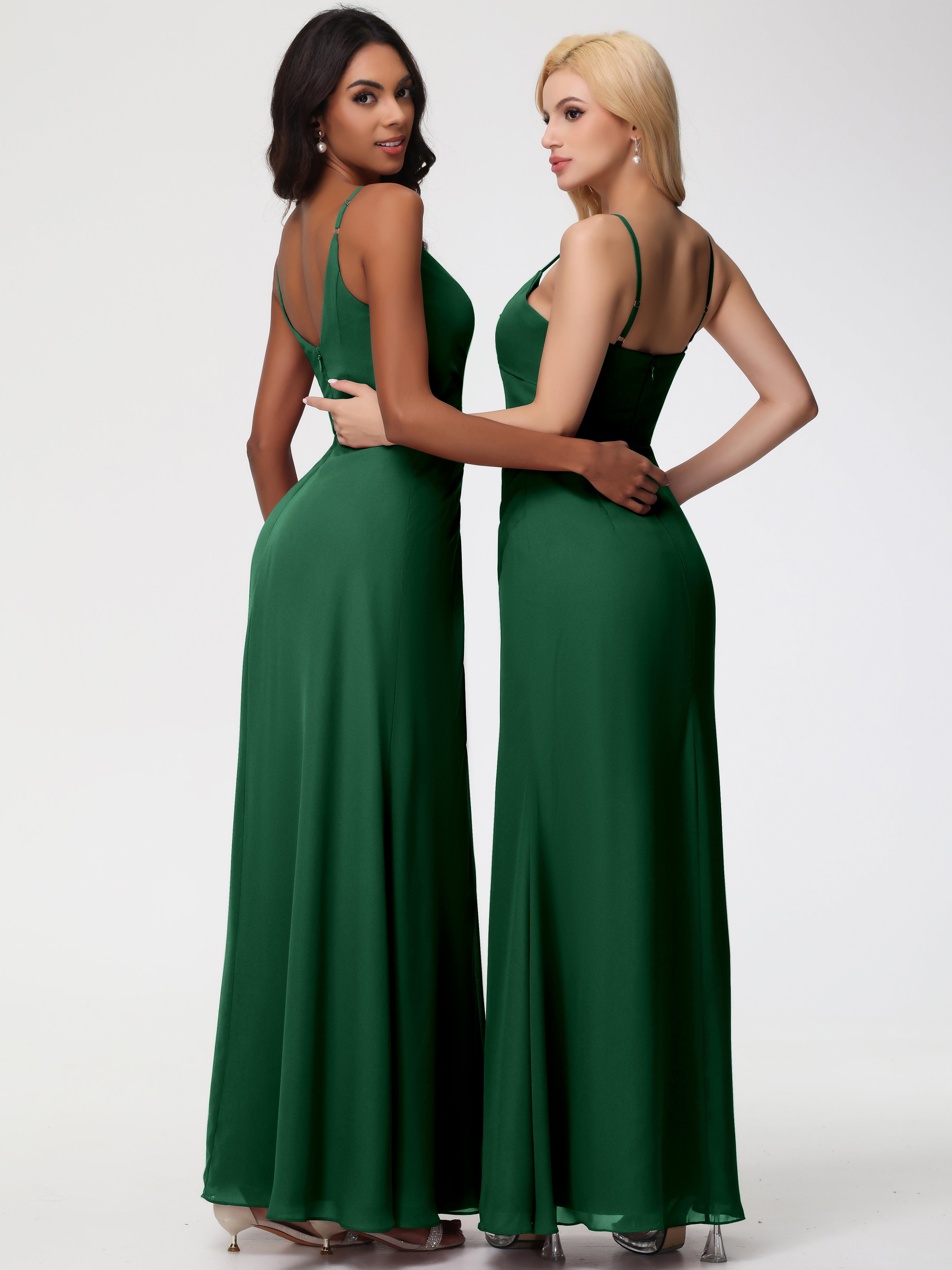 Robe Demoiselle D Honneur Vert Foncé Bretelles Spaghetti Col V Mousseline Robe Demoiselle D'Honneur Longue Plissée