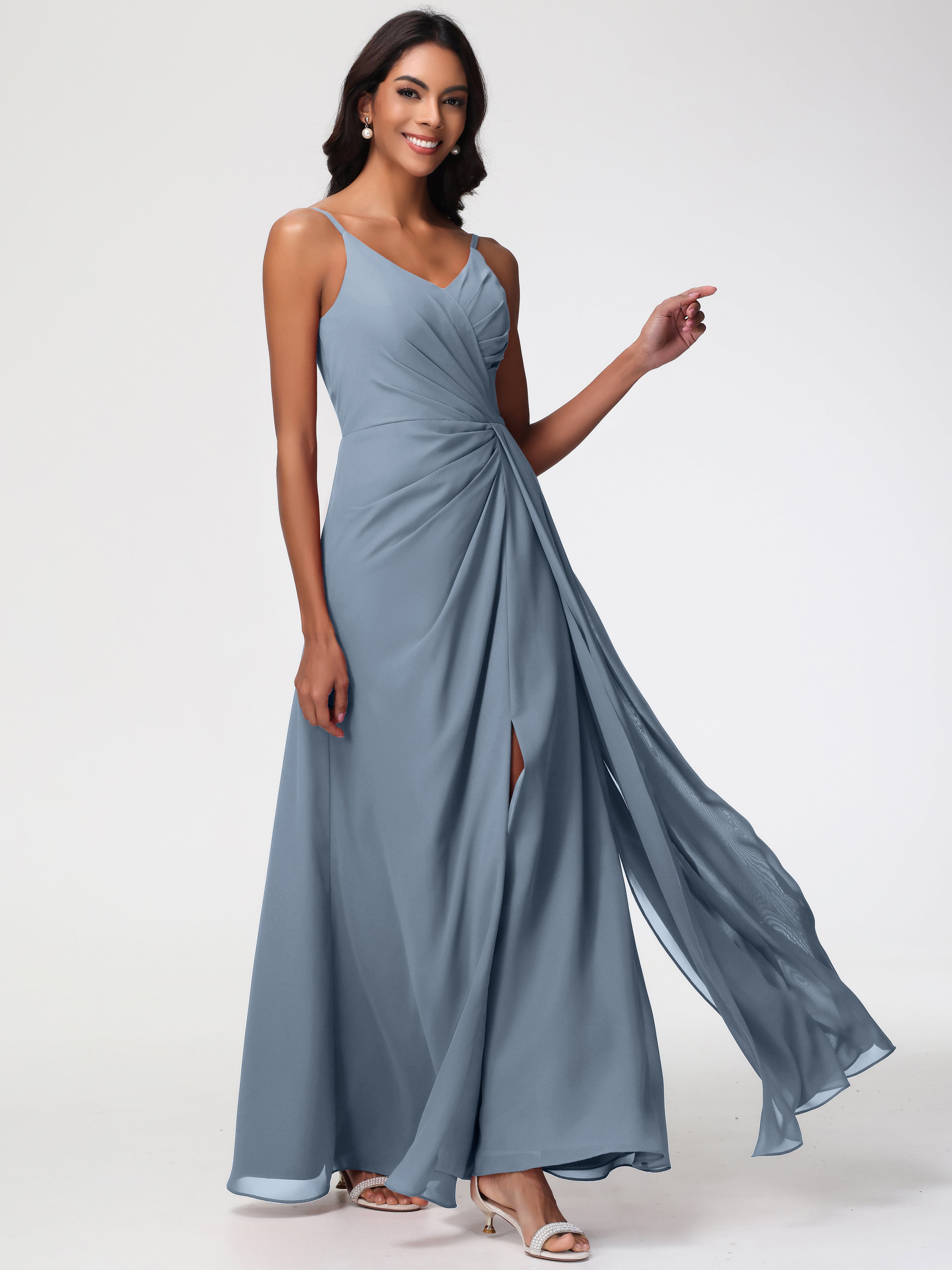 Robes De Demoiselle D'Honneur Bleu Gris Bretelles Spaghetti Col V Mousseline Robe Demoiselle D'Honneur Longue Plissée