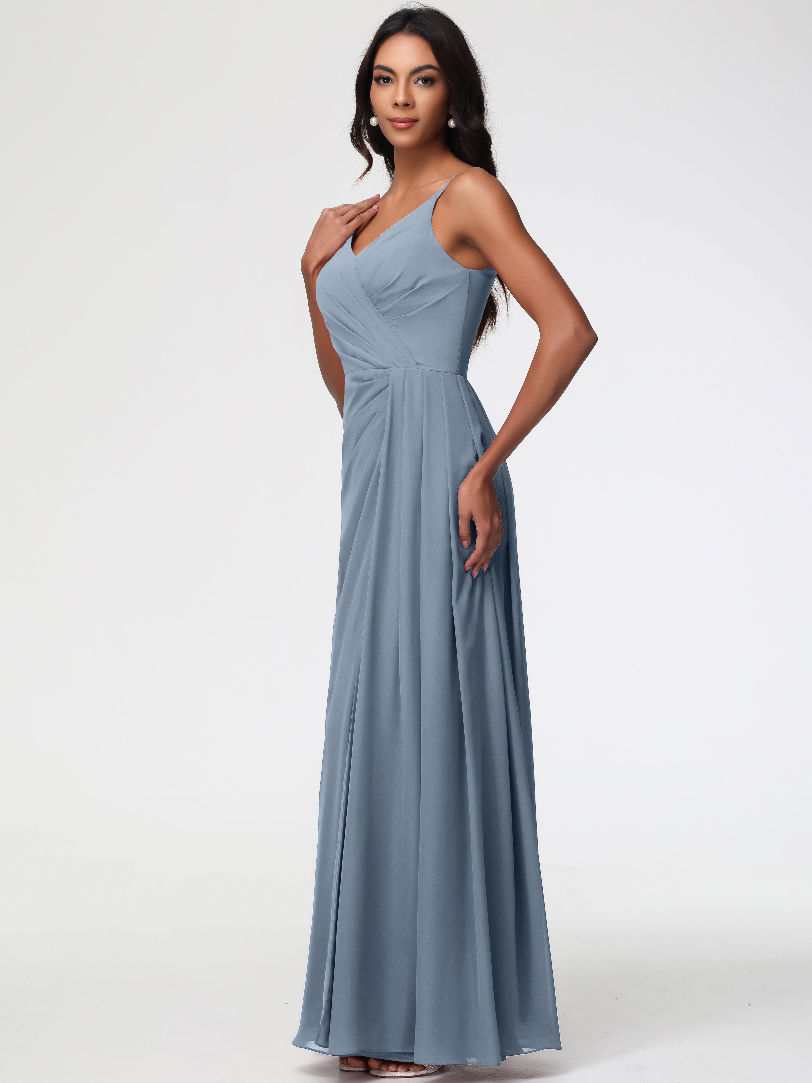 Robes De Demoiselle D'Honneur Bleu Gris Bretelles Spaghetti Col V Mousseline Robe Demoiselle D'Honneur Longue Plissée